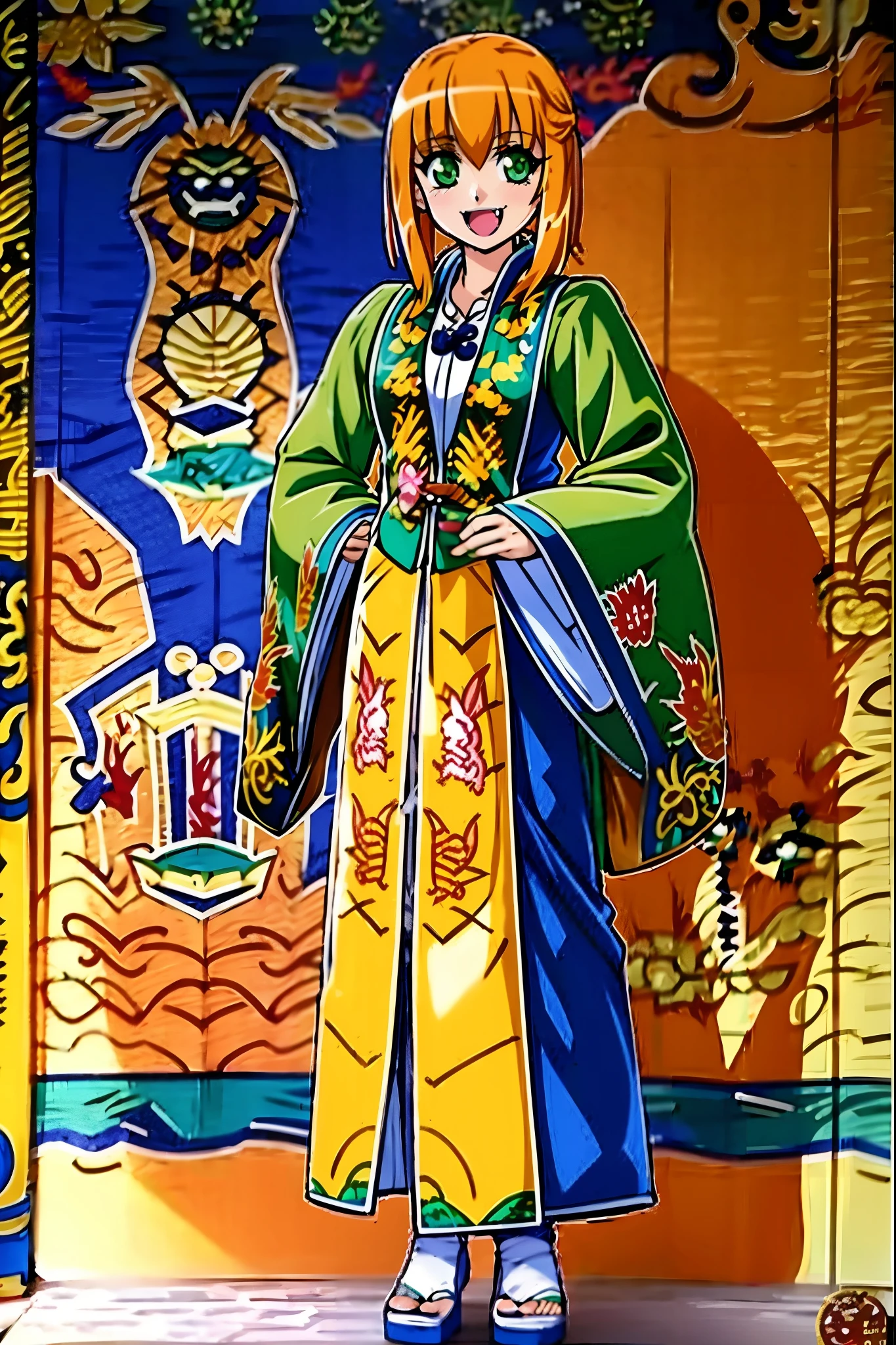 excel, orange hair, smile, fang, open mouth, green eyes,standing, medium breast, pants, pullover, , full body, flipflops,Daoist_Robe