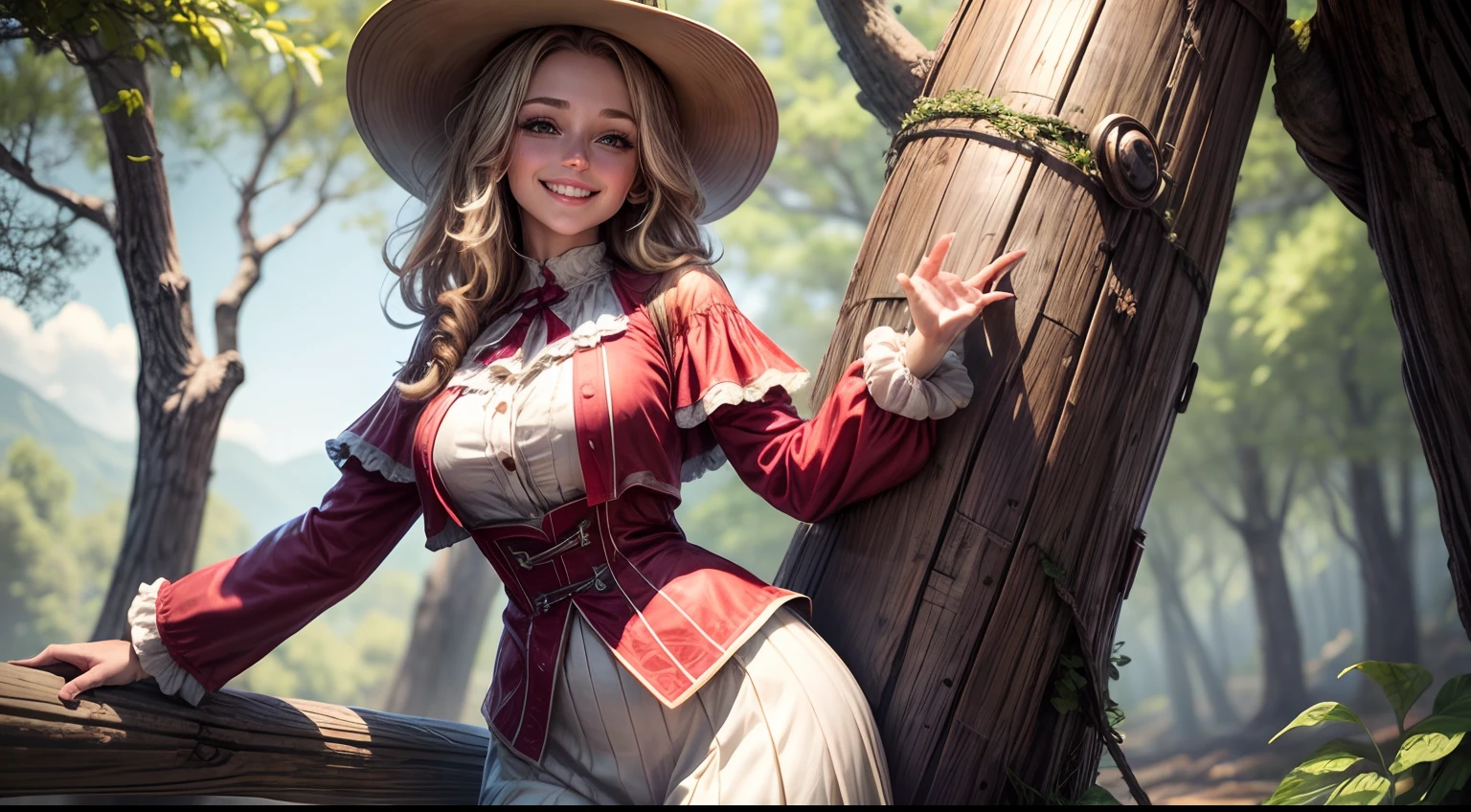 Beautiful woman, 8k, standing, big brests, Joyful colors of clothes, in nature, Beautiful smile, she's looking at us