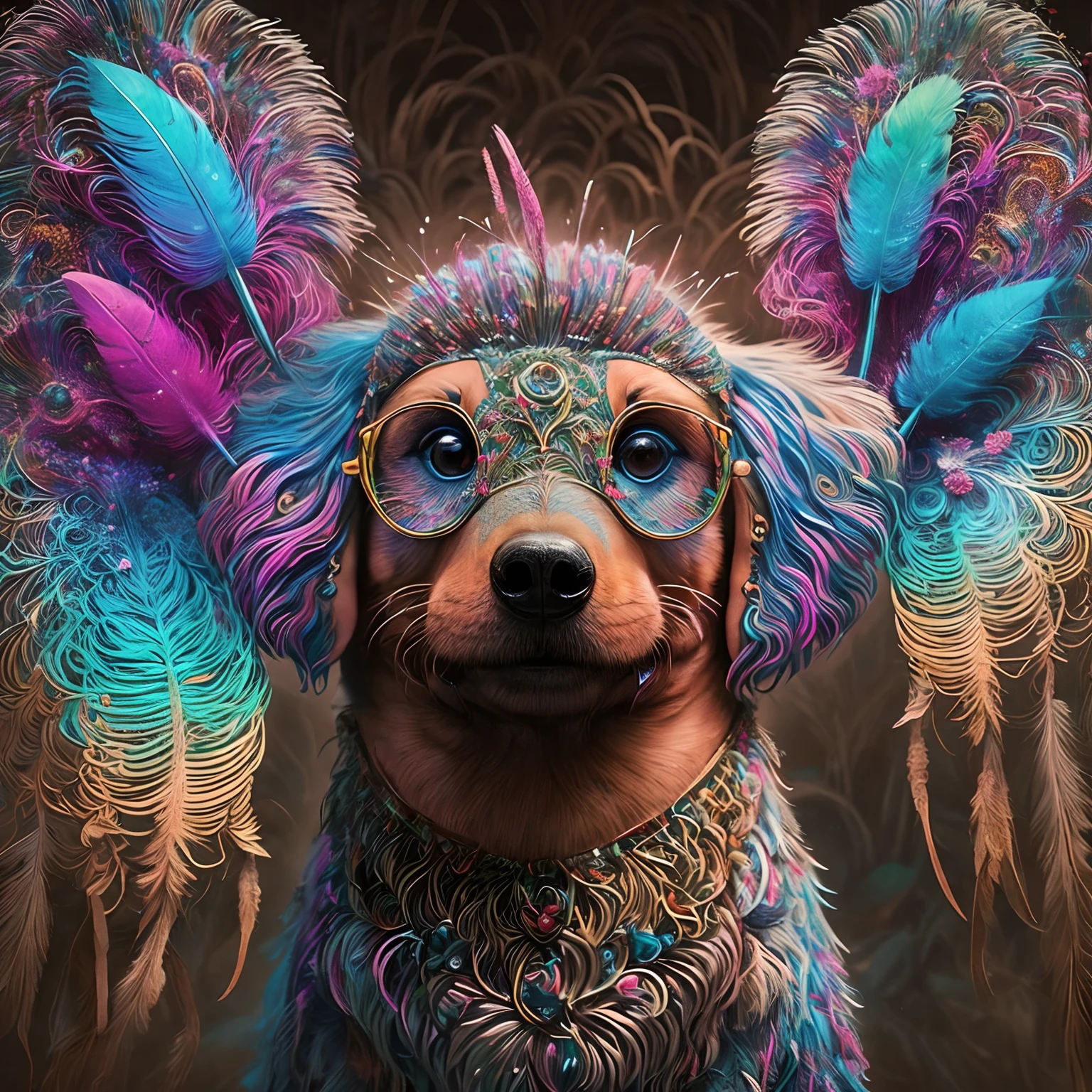 Riff Style 2 (masutepiece, top-quality, Best Quality, Official art, Cute puppy dachshund、Plants and bird feathers, Beautiful and aesthetic:1.2), (Pampas grass:1.3), Extremely detailed,(Fractal Art:1.1),(Colorful:1.1)(Flowers:1.3),highest details,(Zentangle:1.2), (Dynamic Pose), (Abstract background:1.3), (Shiny skin), (Many colors:1.4), ,(earrings), (Feathers:1.5)