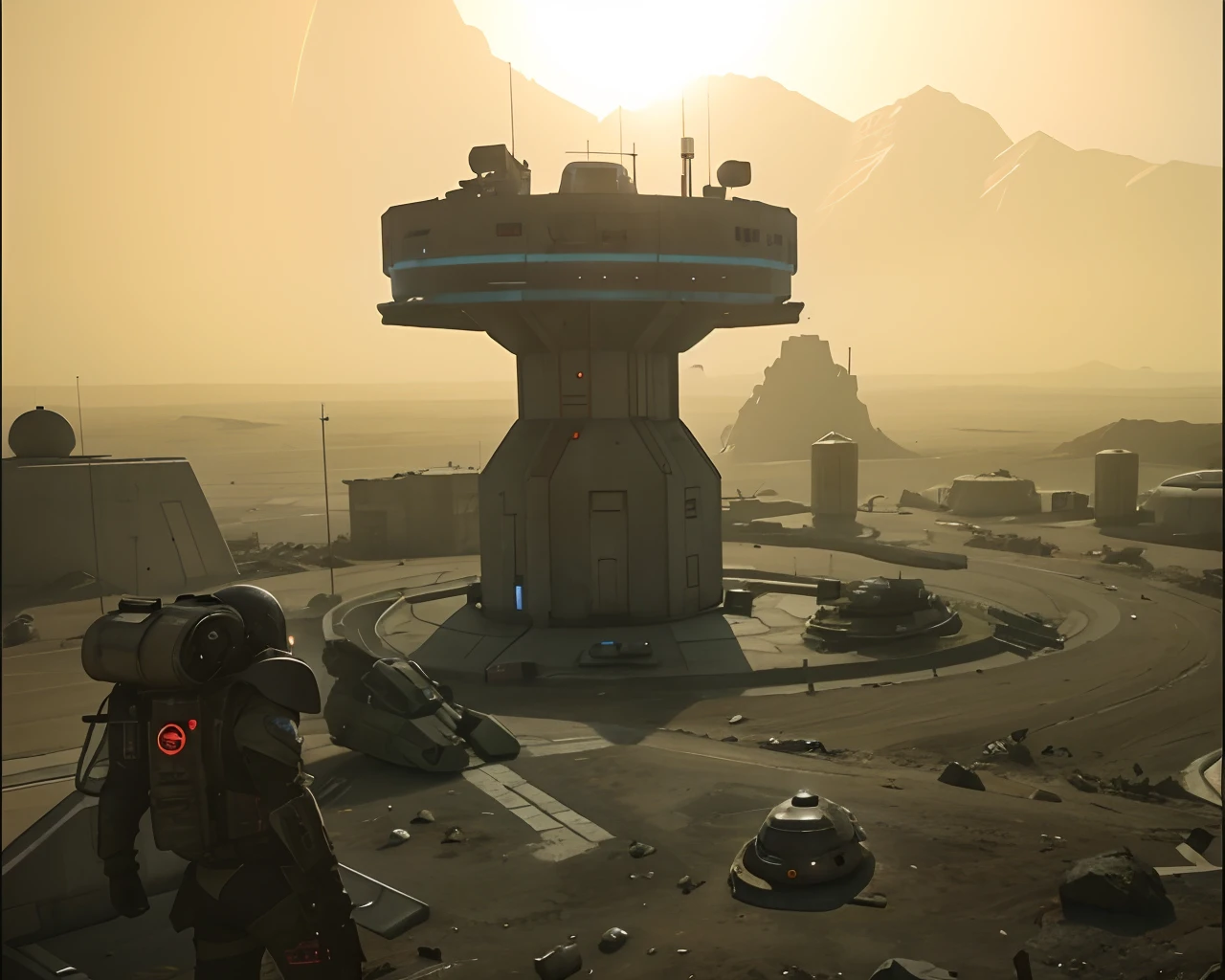 Research Outpost, video game screenshot, Gloomy Mountain Planet, military outpost, Dusty environment, depicted as a sci-fi scene, video game screenshot, Imperial Brutalist Base, Sci-Fi Base, in game graphic, Futuristic battlefield, Screenshot from the game