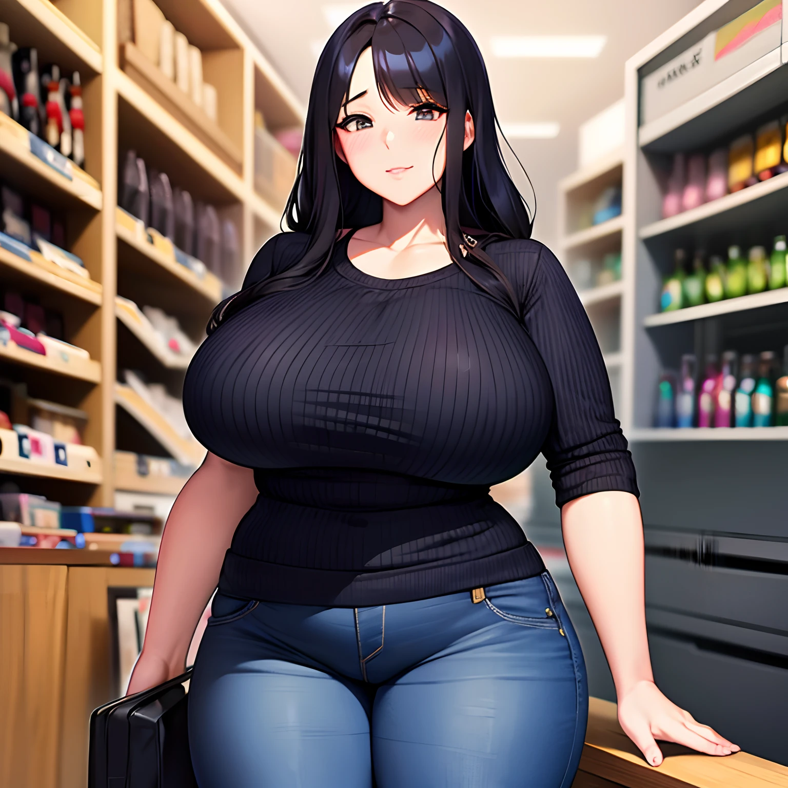 realistic anime art style,(tareme),(curvy body),black unkempt hair,navy sweater,denim pants,unpretentious woman buying dildo in store,blushed,