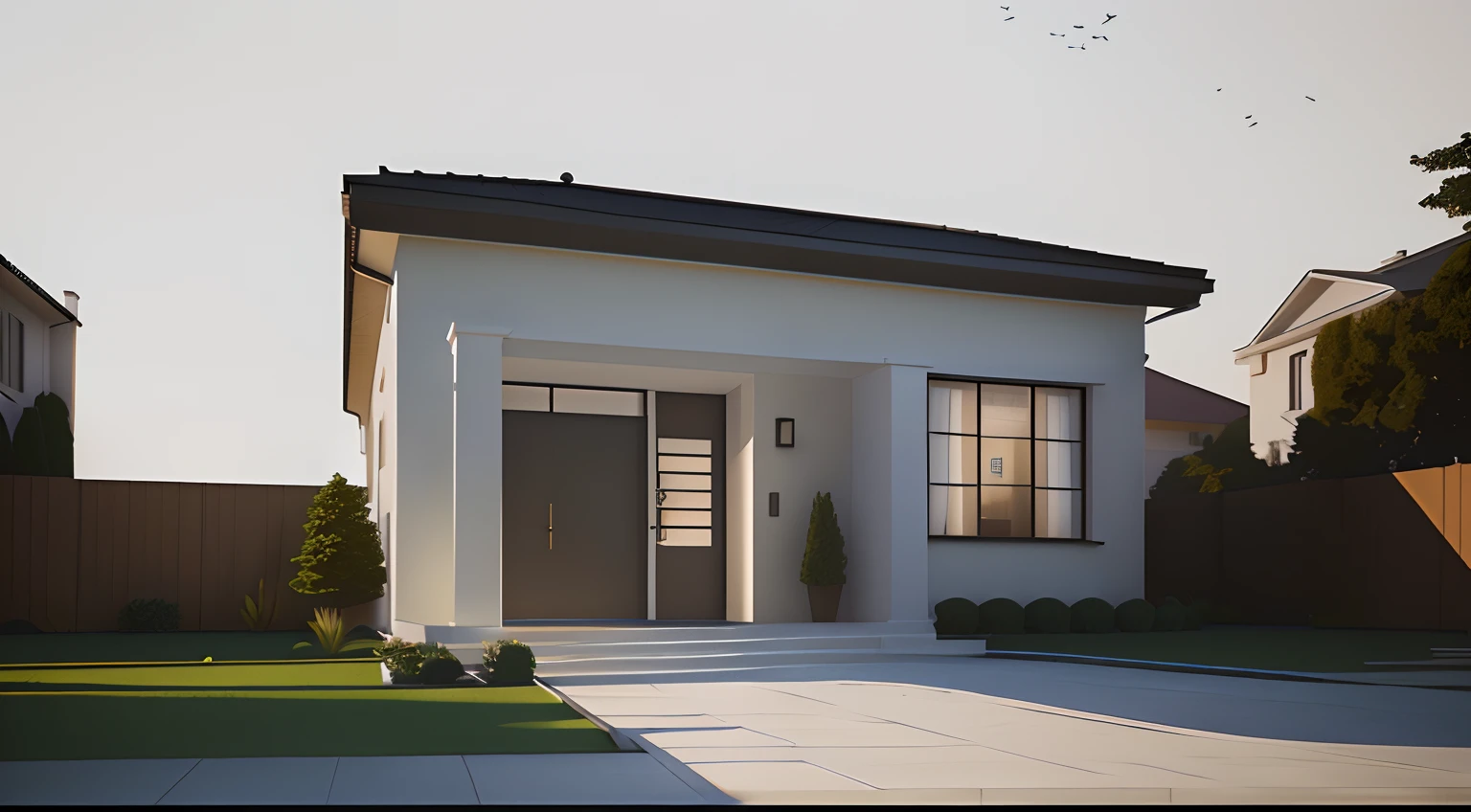 There is a small white house with a brown door and a brown door, lumion rendering, high-quality render, Renderizado no Lumion Pro, Photorealistic rendering, Estilo realista, semi-realistic rendering, Neotradicional moderno, fully detailed render, Estilo fotorrealista, realism rendering, renderizado, professional render, high-quality render, architectural 3 d render, photorealistic render