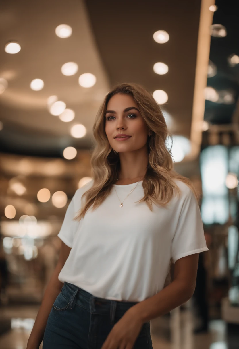 (Mikayla Demaiter) person posing in a mall clothing store, best quality, 1girl, blur background, bokeh, (mall:1.4), ((wearing a withe shirt)), gorgeous, , beautiful detailed sky, (dynamic pose:1), soft lightning, wind, ((portrait:1.4))