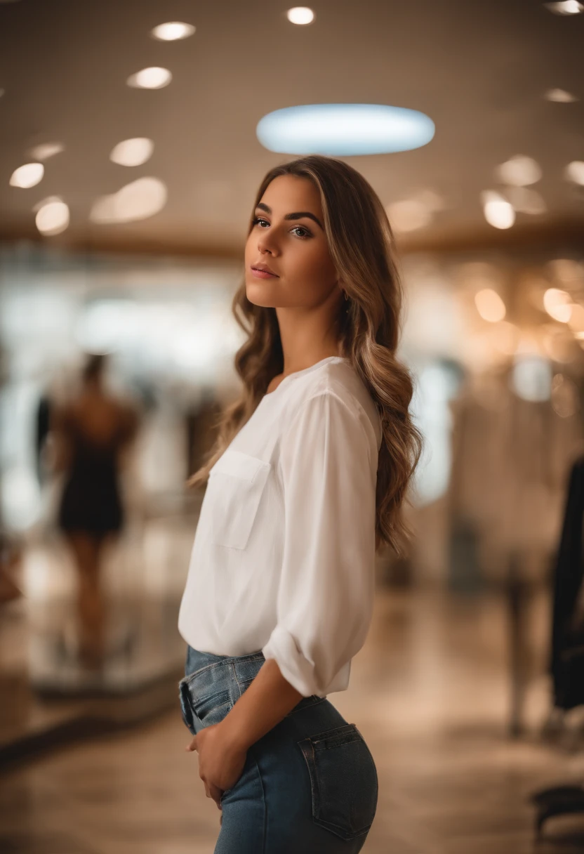 (Mikayla Demaiter) person posing in a mall clothing store, best quality, 1girl, blur background, bokeh, (mall:1.4), ((wearing a withe shirt)), gorgeous, , beautiful detailed sky, (dynamic pose:1), soft lightning, wind, ((portrait:1.4))