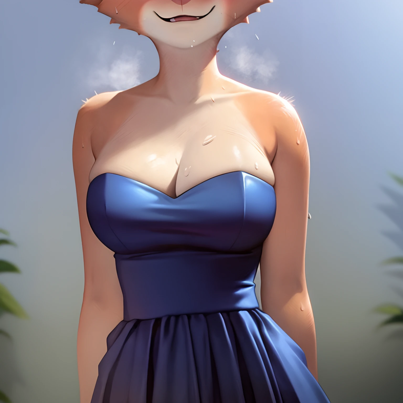 portrait of diane foxington, blue dress, sweating, hot