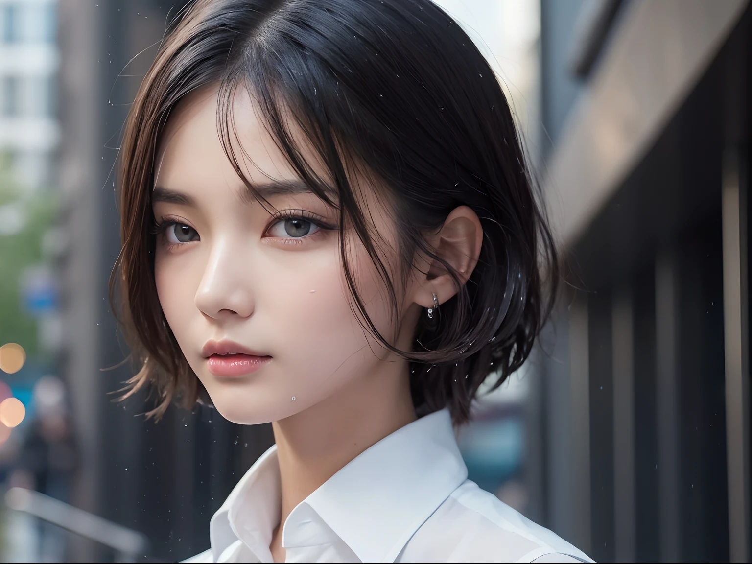 ((Best Quality, 8K, Masterpiece: 1.3)), Sharp: 1.2, Perfect Body Beauty: 1.4, Slim Abs: 1.2, ((Layered Hairstyle, Big Breasts: 1.2)), (Wet White Button Long Shirt: 1.1), (Rain, Street: 1.2), Wet: 1.5, Highly detailed face and skin texture, detailed eyes, double eyelids, side face looking at the camera