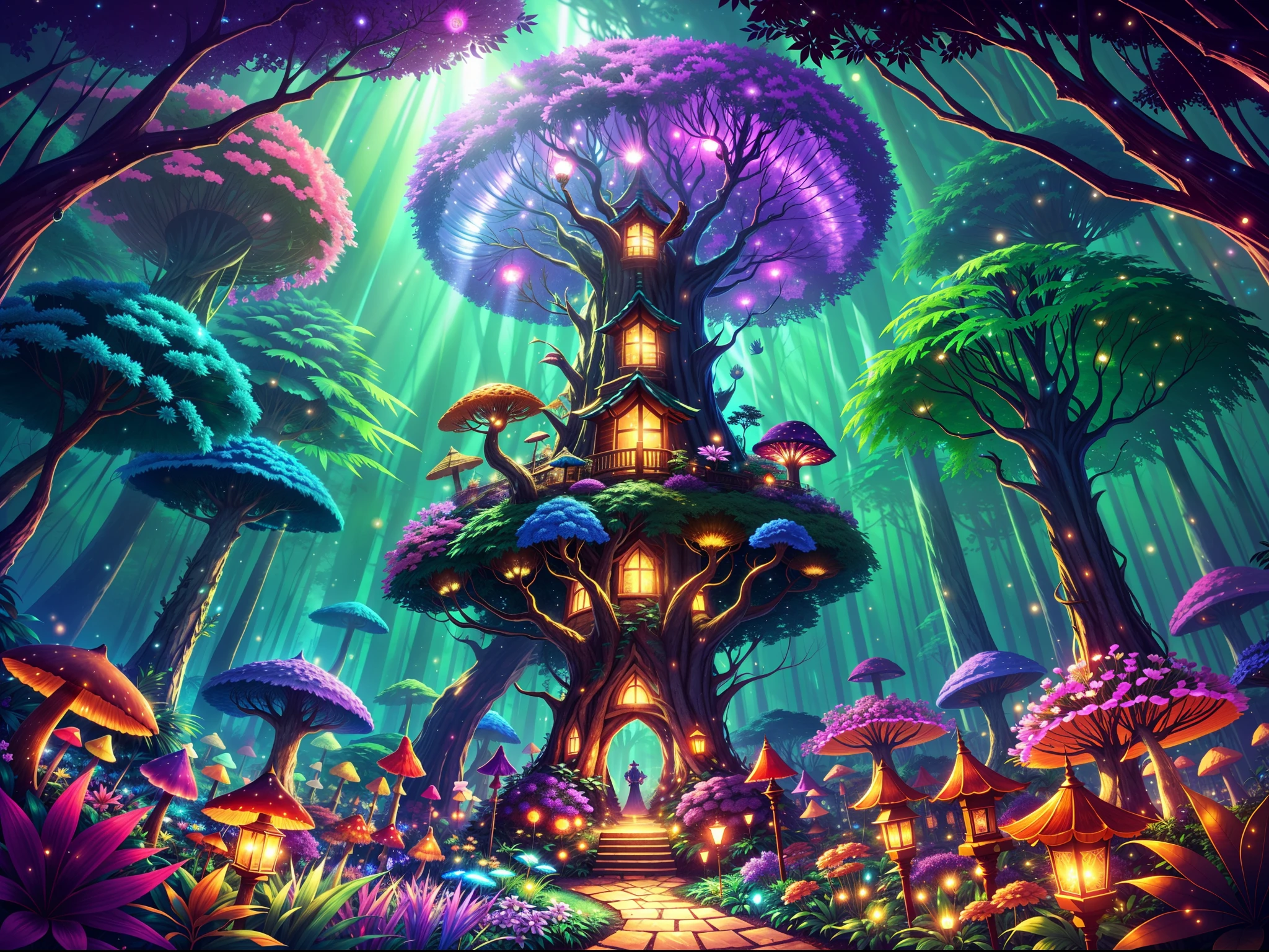 （Dream forest in Torchlight game，Seeds of the tree of hope, Surrounded by many people, Like glowing jellyfish；towering trees，Can be used as a house to live in、Lush fantasy forest，Extremely colorful，with dynamism、Flowers and plants that glow at night、mushroom，Dream Forest Garden，Exotic flowers and plants are in full bloom，Enchanting dream jungle background in moonlight，The picture is magnificent), Beautiful background, Light particles, suns rays, Dramatic lighting, Cinematic lighting,Dreamy, Disney, design for tshirt, vectorial,number art, psychedelic theme, Vivid colors, Saturated colors