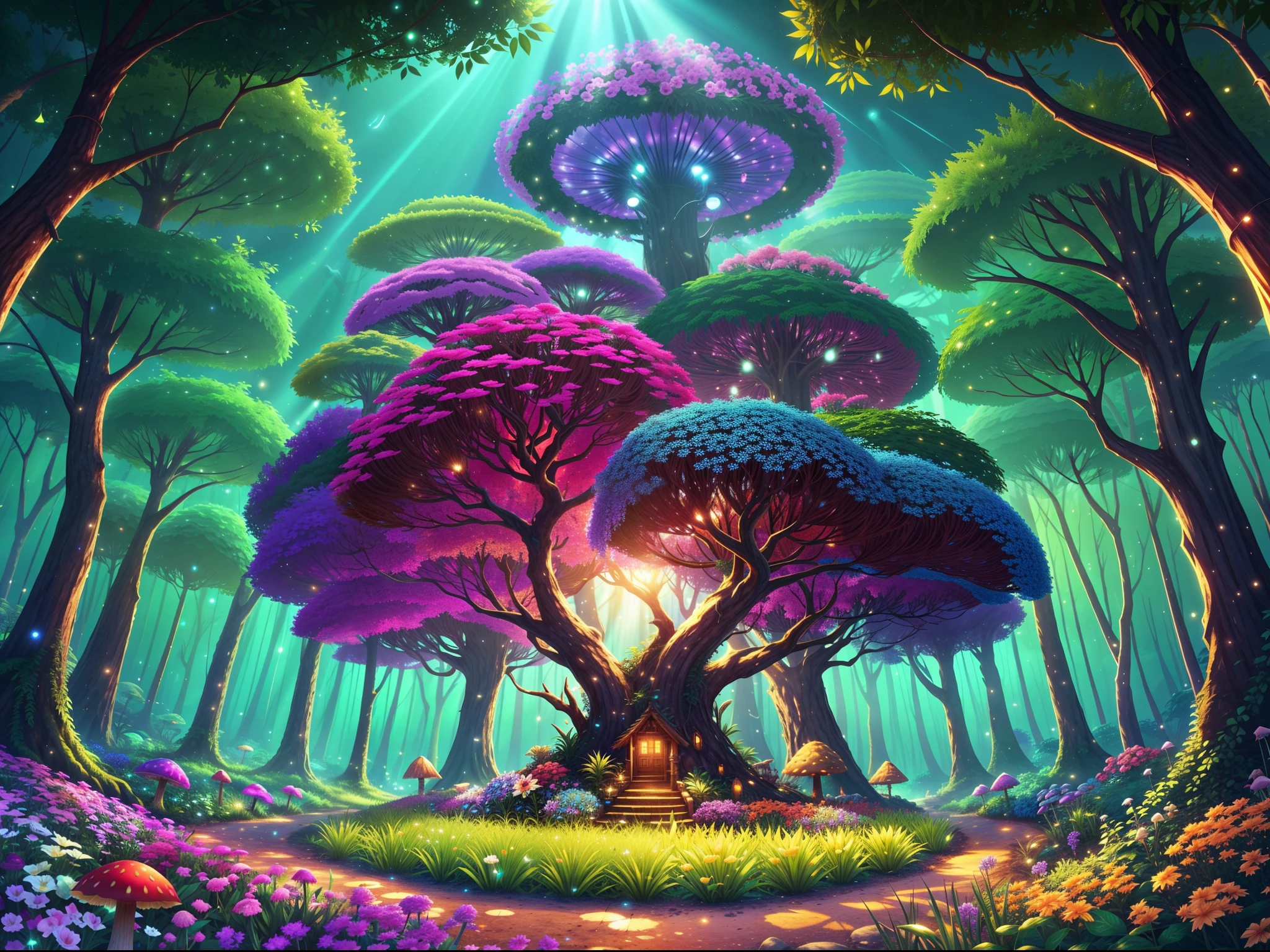 （Dream forest in Torchlight game，Seeds of the tree of hope, Surrounded by many people, Like glowing jellyfish；towering trees，Can be used as a house to live in、Lush fantasy forest，Extremely colorful，with dynamism、Flowers and plants that glow at night、mushroom，Dream Forest Garden，Exotic flowers and plants are in full bloom，Enchanting dream jungle background in moonlight，The picture is magnificent), Beautiful background, Light particles, suns rays, Dramatic lighting, Cinematic lighting,Dreamy, Disney, design for tshirt, vectorial,number art, psychedelic theme, Vivid colors, Saturated colors