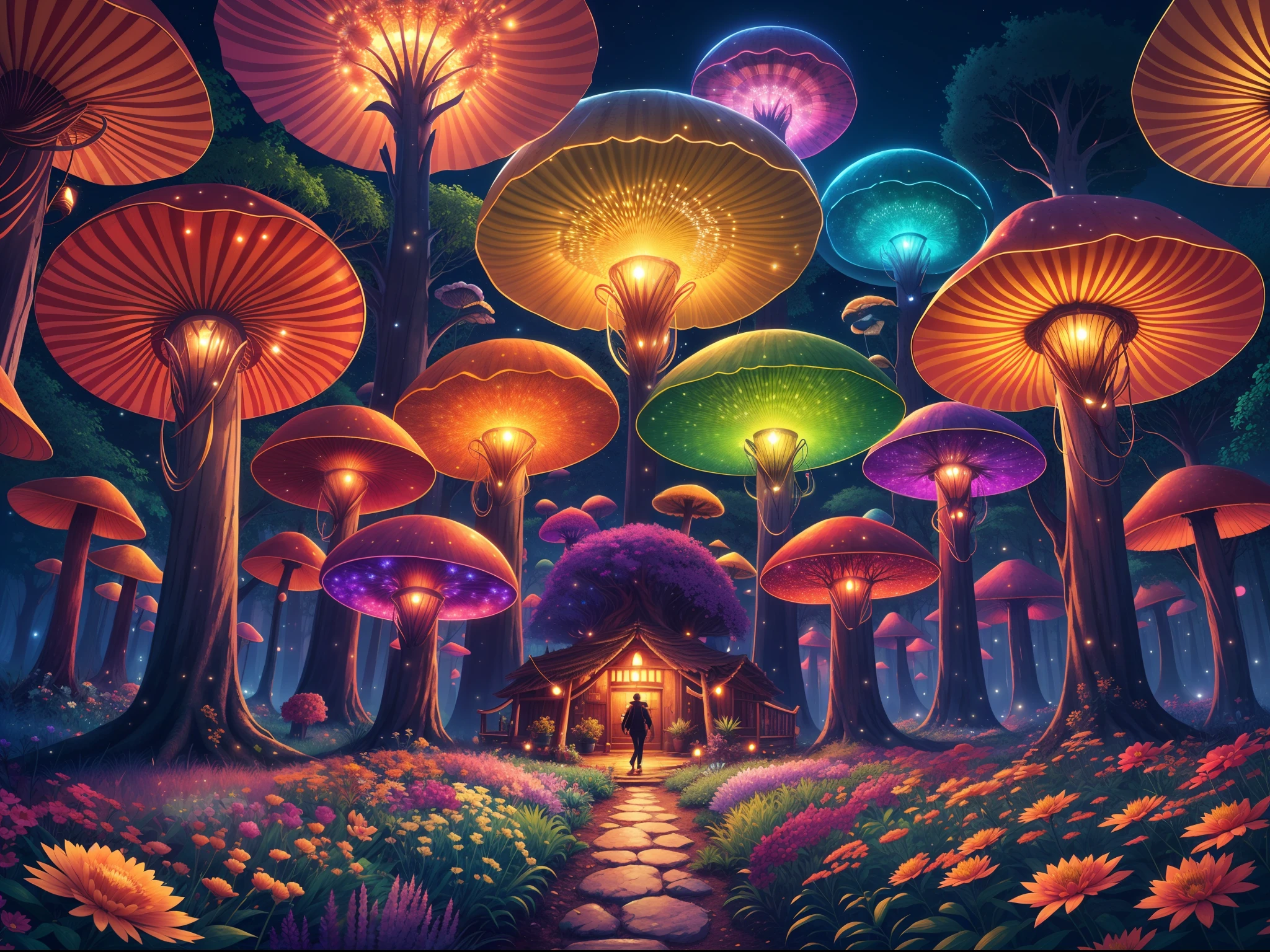 （Dream forest in Torchlight game，Seeds of the tree of hope, Surrounded by many people, Like glowing jellyfish；towering trees，Can be used as a house to live in、Lush fantasy forest，Extremely colorful，with dynamism、Flowers and plants that glow at night、mushroom，Dream Forest Garden，Exotic flowers and plants are in full bloom，Enchanting dream jungle background in moonlight，The picture is magnificent), Beautiful background, Light particles, suns rays, Dramatic lighting, Cinematic lighting,Dreamy, Disney, design for tshirt, vectorial,number art, psychedelic theme, Vivid colors, Saturated colors