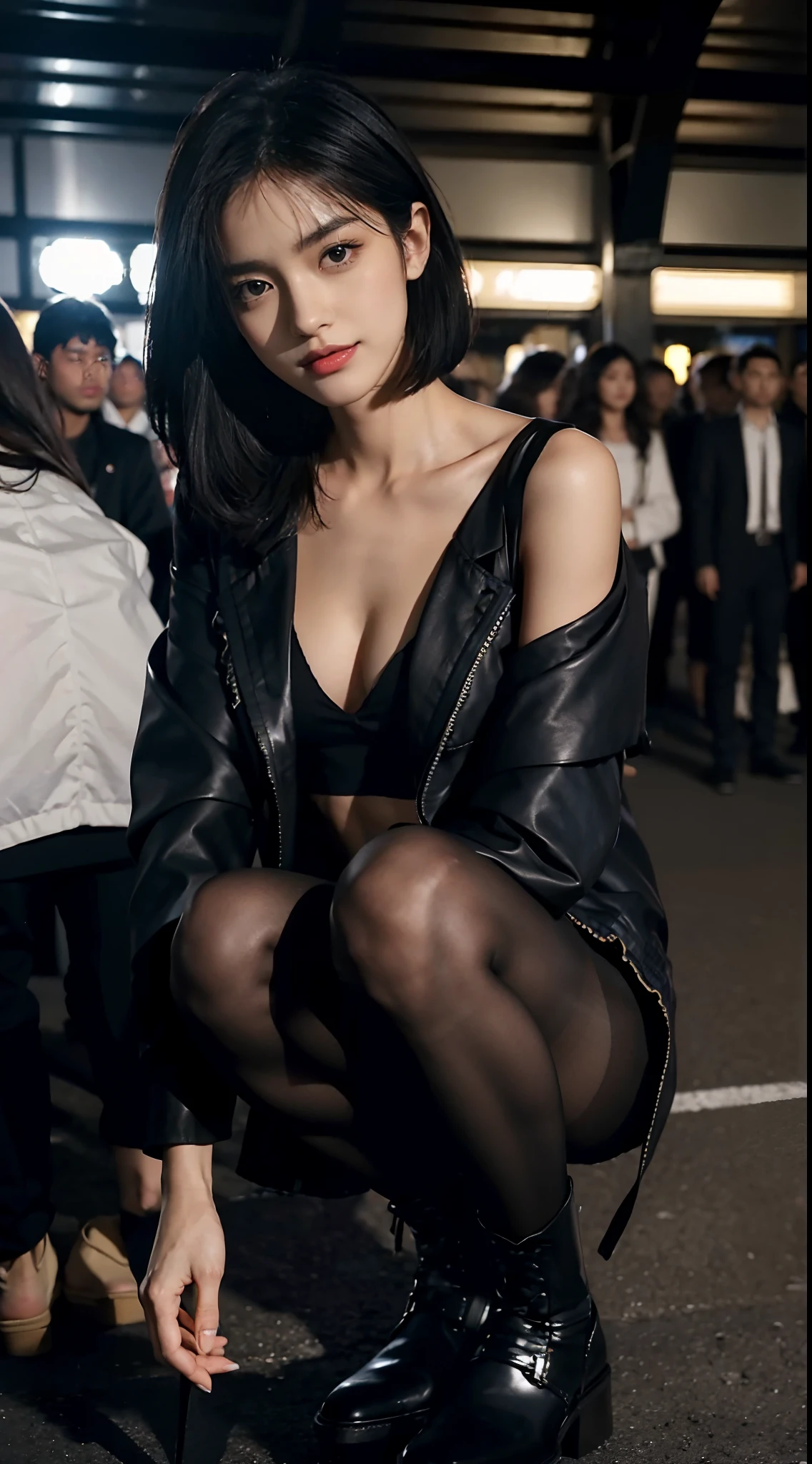 (shoulder length straight short black hair: 1.3), （Extremely meticulous CG 8k wallpaper），（Extremely refined and beautiful），（Masterpiece），（best qualtiy：1.0），（Ultra High Resolution：1.0），beautiful light up，Perfect lightning，realistic shaded，[A high resolution]，Smooth and flawless fair skin，Extremely exquisite facial details，（perfect body：1.1），ultra - detailed，A beautiful girl，small head,(Small breasts:1.1)，Flat chests，slim，thin，Smile，cheerfulness,(black jacket:1.5),(black pantyhose:1.3),Slender legs,(Black military boots:1.2)Dusk,Sunset light,Close Shot,(Surrounded by a crowded crowd:1.5),At the school gate,squatting,(m-legs:1.5),legs open,(Well-cut abdominal muscles:1.2),cowboy shot