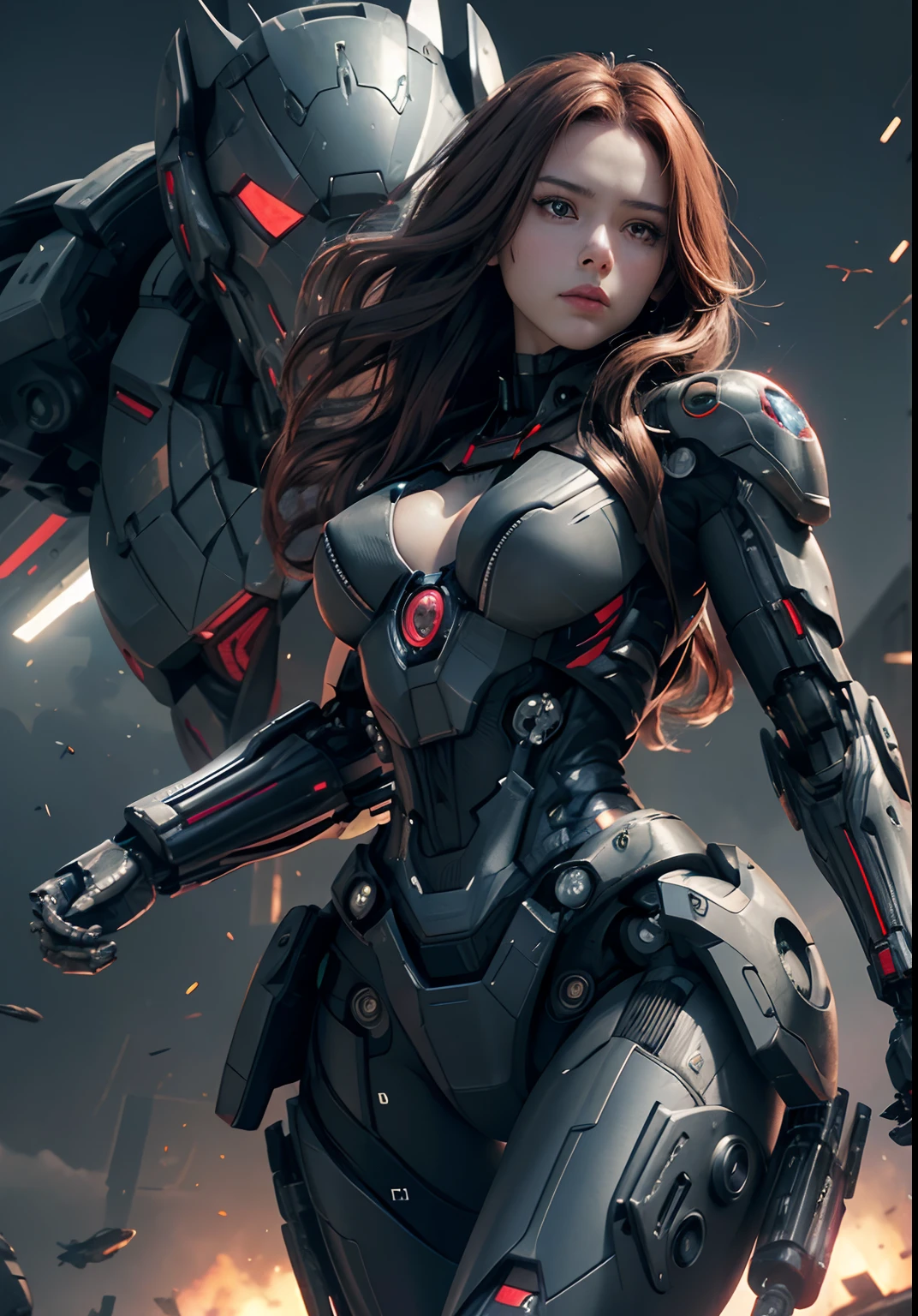 Textured skin, Super Detail, high details, High quality, Best Quality, hight resolution, 1080p, hard disk, Beautiful,(War Machine),(Black widow),beautiful cyborg woman,Mecha Cyborg Girl,Battle Mode,Girl with a Mecha Body,She wears a futuristic war machine weapon mech,Fulll body Shot