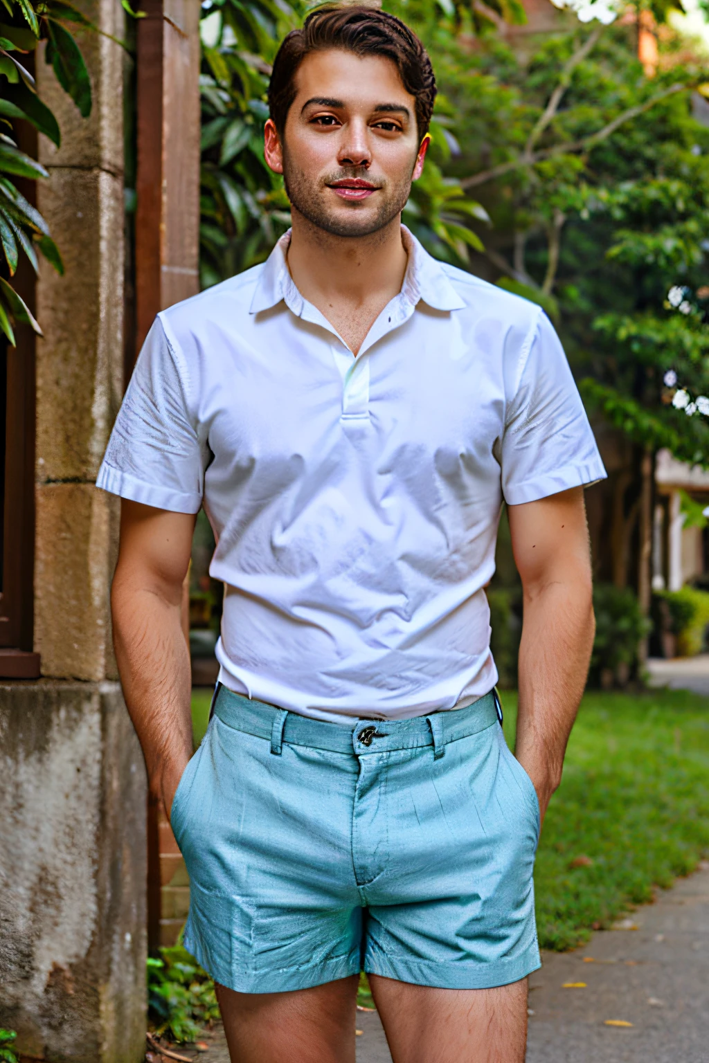 Homem loiro, pele clara, Slim green eyes with white denim shorts and white short-sleeved dress shirt