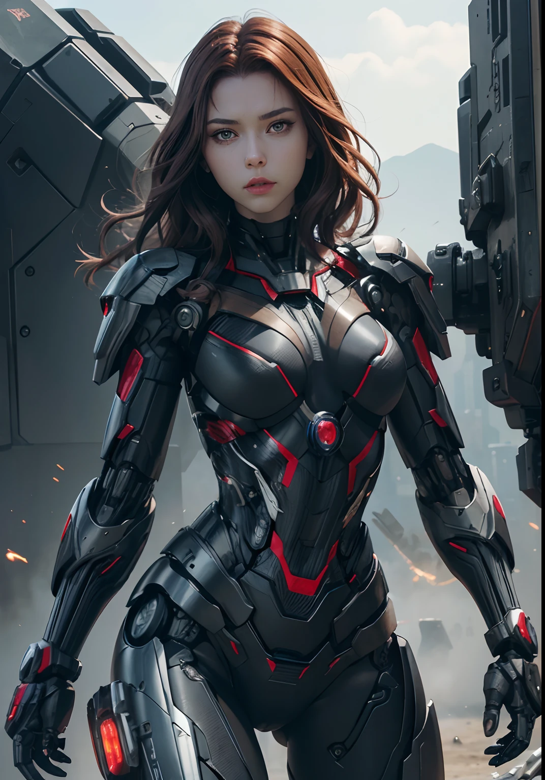 Textured skin, Super Detail, high details, High quality, Best Quality, hight resolution, 1080p, hard disk, Beautiful,(War Machine),(Black widow),beautiful cyborg woman,Mecha Cyborg Girl,Battle Mode,Girl with a Mecha Body,She wears a futuristic war machine weapon mech,Fulll body Shot