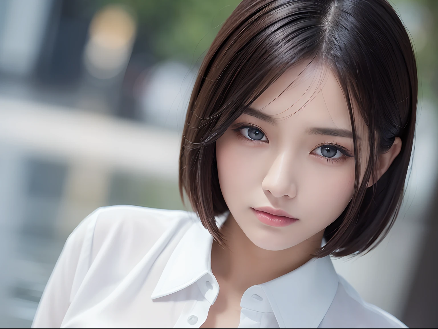((Best Quality, 8K, Masterpiece: 1.3)), Sharp: 1.2, Perfect Body Beauty: 1.4, Slim Abs: 1.2, ((Layered Hairstyle, Big Breasts: 1.2)), (Wet White Button Long Shirt: 1.1), (Rain, Street: 1.2), Wet: 1.5, Highly detailed face and skin texture, detailed eyes, double eyelids, side face looking at the camera