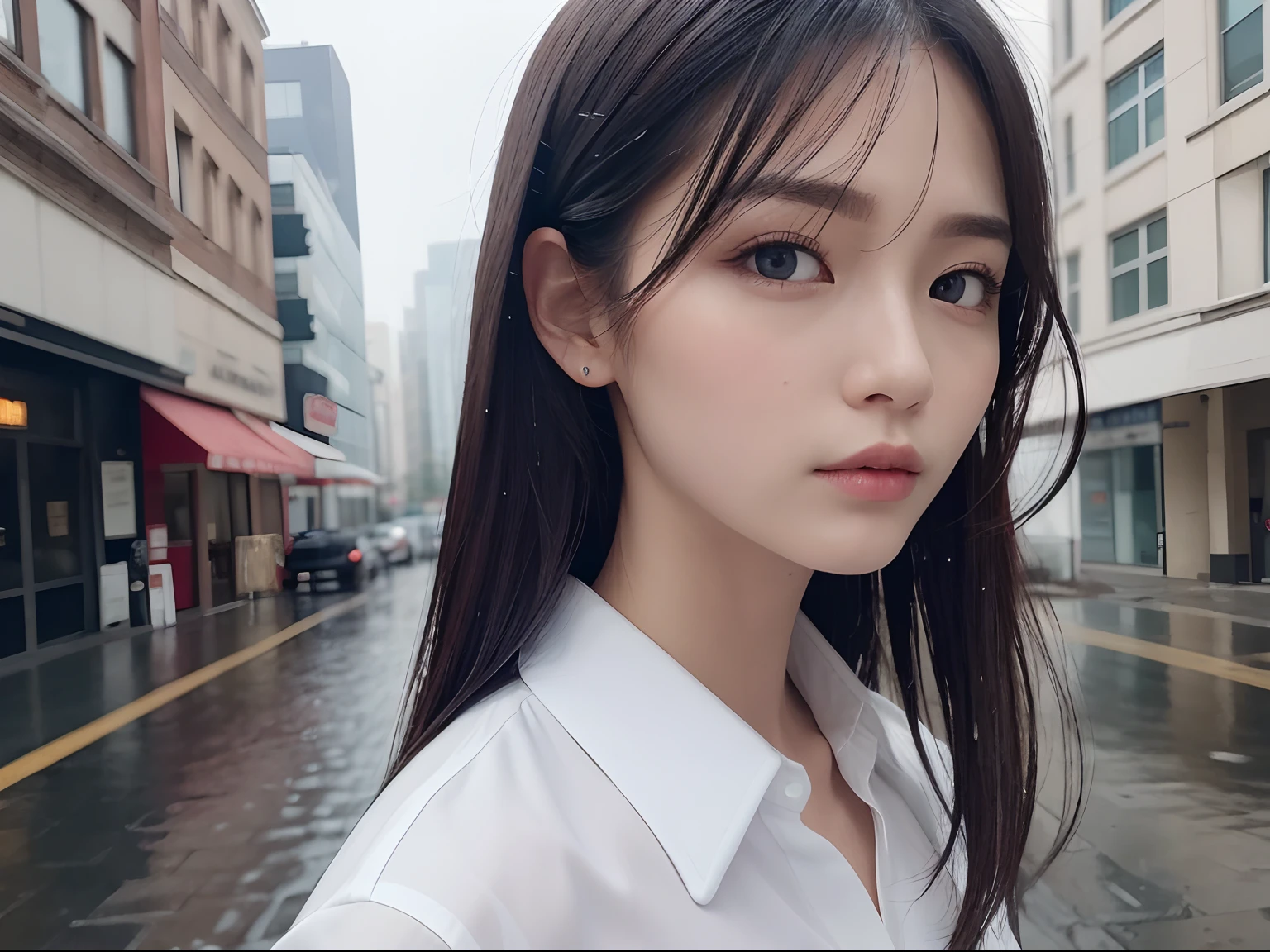 ((Best Quality, 8K, Masterpiece: 1.3)), Sharp: 1.2, Perfect Body Beauty: 1.4, Slim Abs: 1.2, ((Layered Hairstyle, Big Breasts: 1.2)), (Wet White Button Long Shirt: 1.1), (Rain, Street: 1.2), Wet: 1.5, Highly detailed face and skin texture, detailed eyes, double eyelids, side face looking at the camera