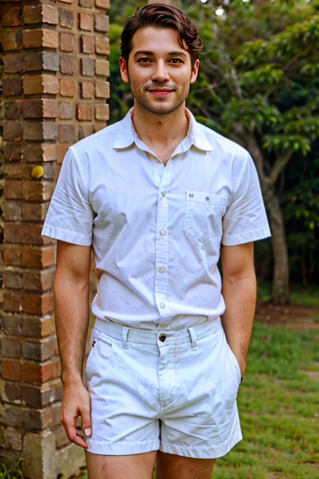 Homem loiro, pele clara, Slim green eyes with white denim shorts and white short-sleeved dress shirt
