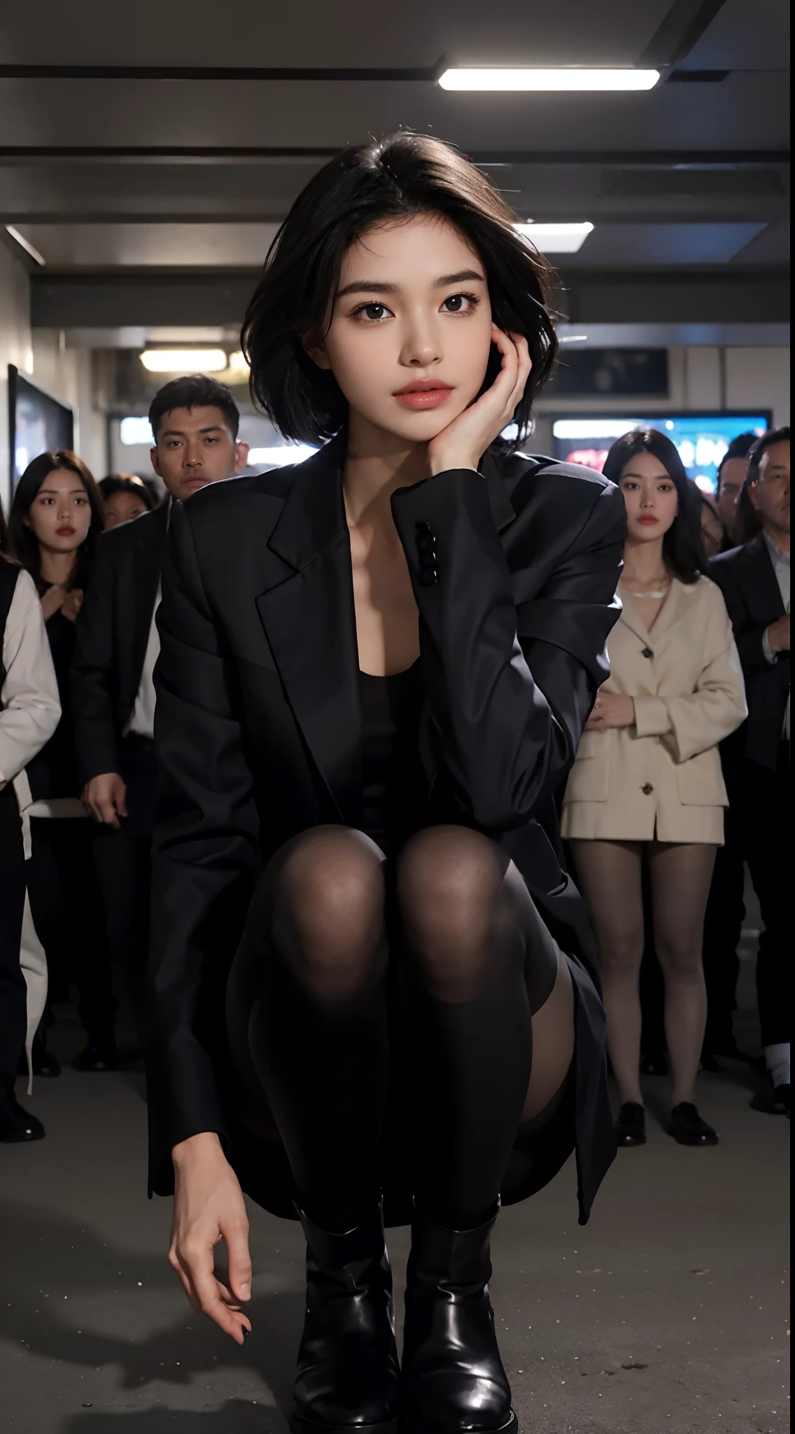 (shoulder length straight short black hair: 1.3), （Extremely meticulous CG 8k wallpaper），（Extremely refined and beautiful），（Masterpiece），（best qualtiy：1.0），（Ultra High Resolution：1.0），beautiful light up，Perfect lightning，realistic shaded，[A high resolution]，Smooth and flawless fair skin，Extremely exquisite facial details，（perfect body：1.1），ultra - detailed，A beautiful girl，small head,(Small breasts:1.1)，Flat chests，slim，thin，Smile，cheerfulness,(black jacket:1.5),(black pantyhose:1.3),Slender legs,(Black military boots:1.2)Dusk,Sunset light,Close Shot,(Surrounded by a crowded crowd:1.5),At the school gate,squatting,(m-legs:1.5),legs open,(Well-cut abdominal muscles:1.2),cowboy shot