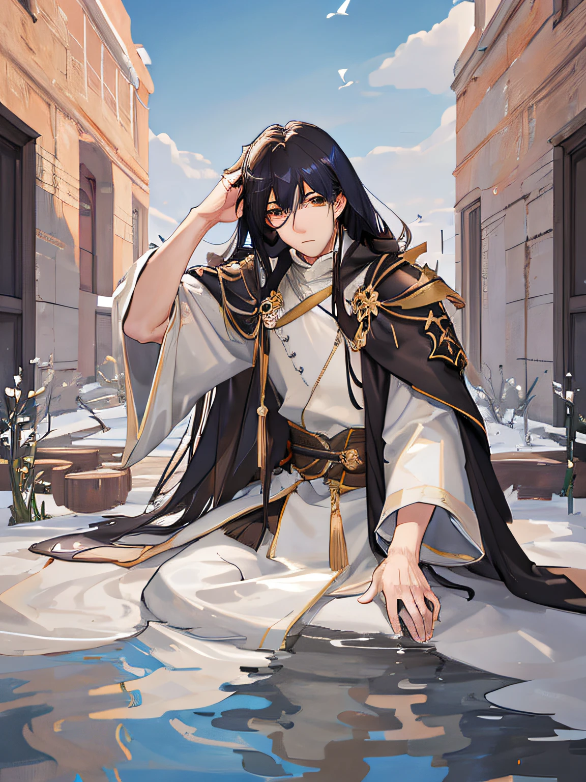 (Best quality,4K,8K,A high resolution,Masterpiece:1.2),Ultra-detailed,Realistic,Ancient,saints,White robe,Golden,Blue clothing,Black hair,Long hair,brown irises,Willow fluff,1.8-meter-tall man,fresh,Sky courtyard,pond,willowy,helpless,hand on the head