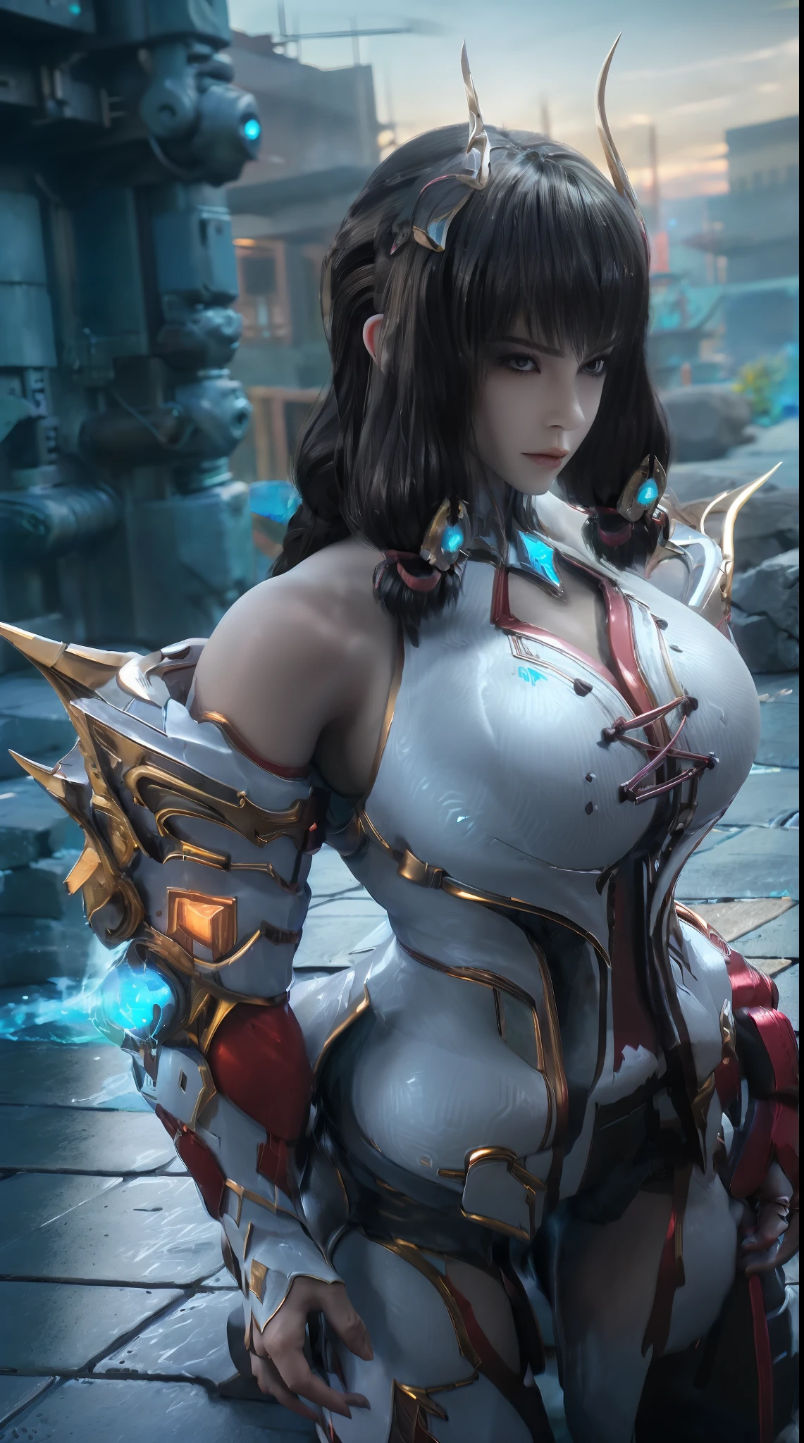 (UNREAL ENGINE 5), (DRAGON QUEEN HELM), (HUGE FAKE BOOBS:1.3), (RED, WHITE), (CYBERPUNK STREET CITY), (CYBER MECHA ARMOR), (CLEAVAGE), (SKINTIGHT MECHA YOGA PANTS), (MECHA HIGH HEELS), (PERFECT BODY:1.2), (LOOKING AT VIEWER), (WALKING DOWN:1), MUSCULAR BODY, MUSCLE ABS, UHD, 8K, 1080P.