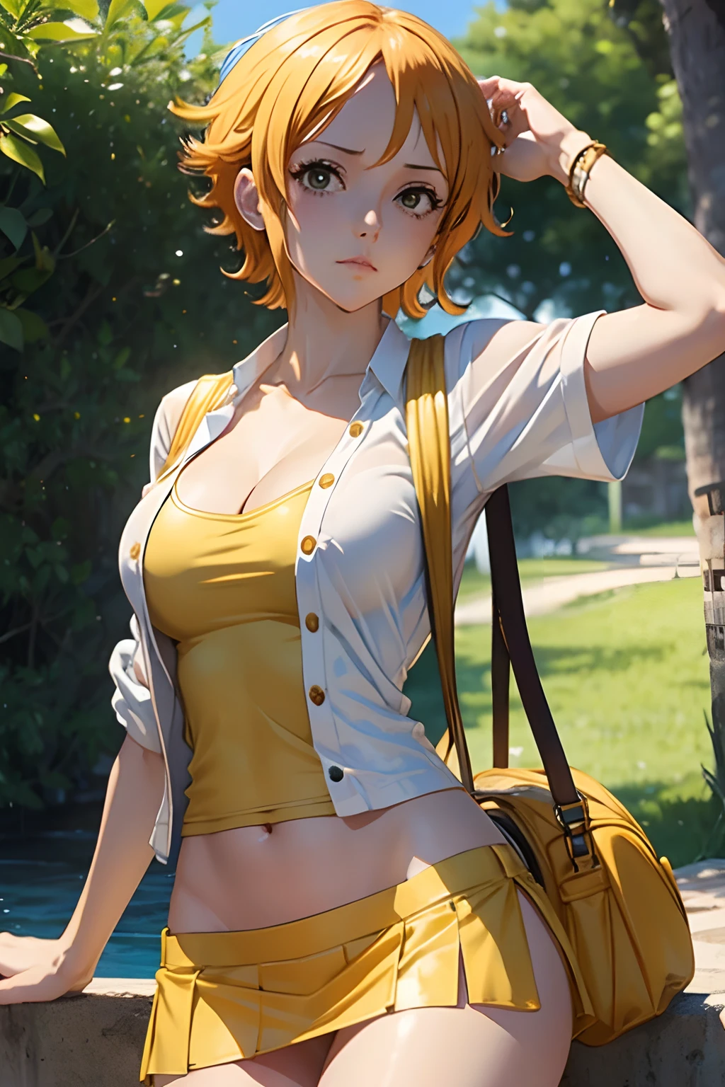 very  NSFW nami (one piece) short hair. Wearing white shiry and yellow.mini skirt