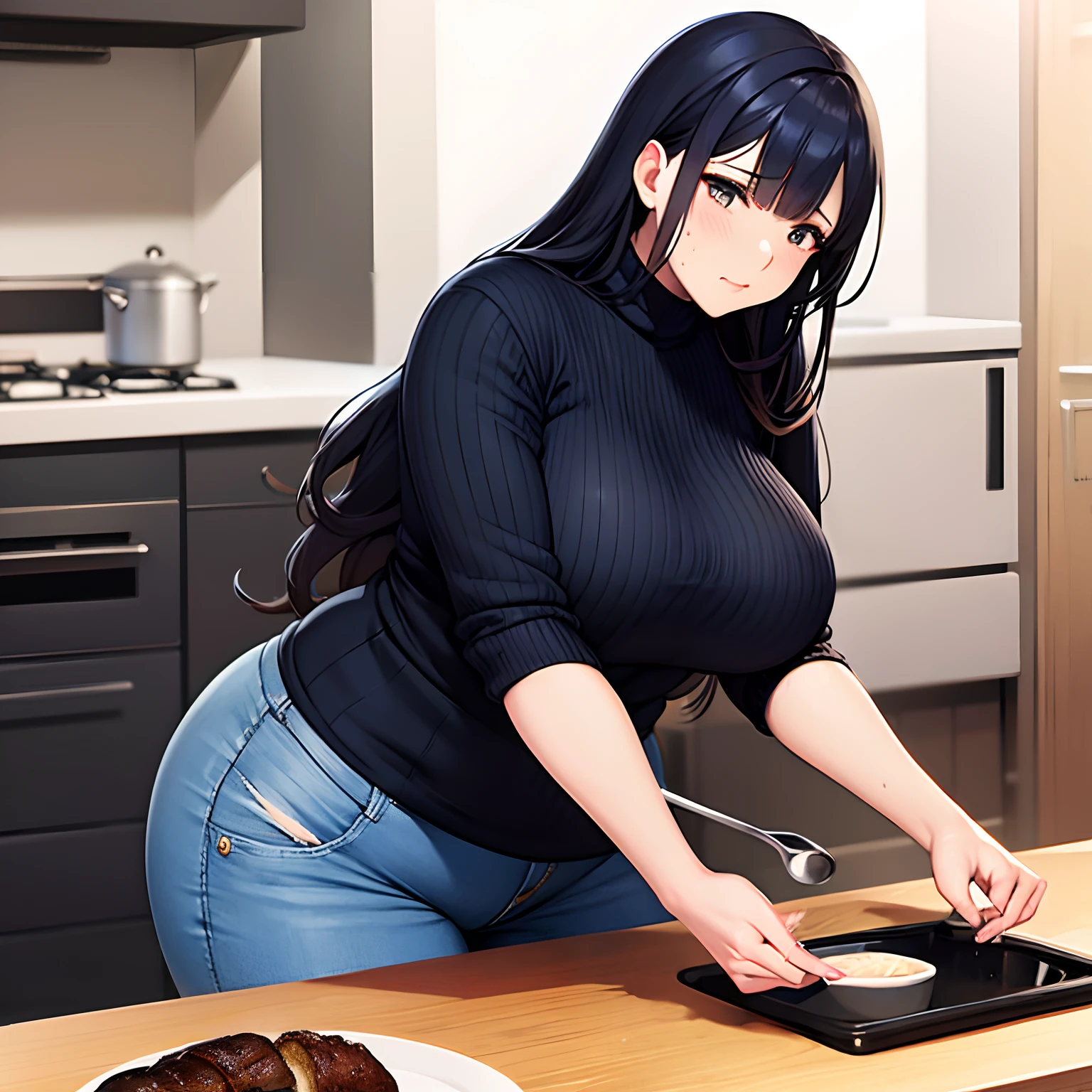 realistic anime art style,(tareme),(curvy body),black unkempt hair,navy chunky sweater,denim pants,unpretentious woman cooking at kitchen,sweaty,close up,