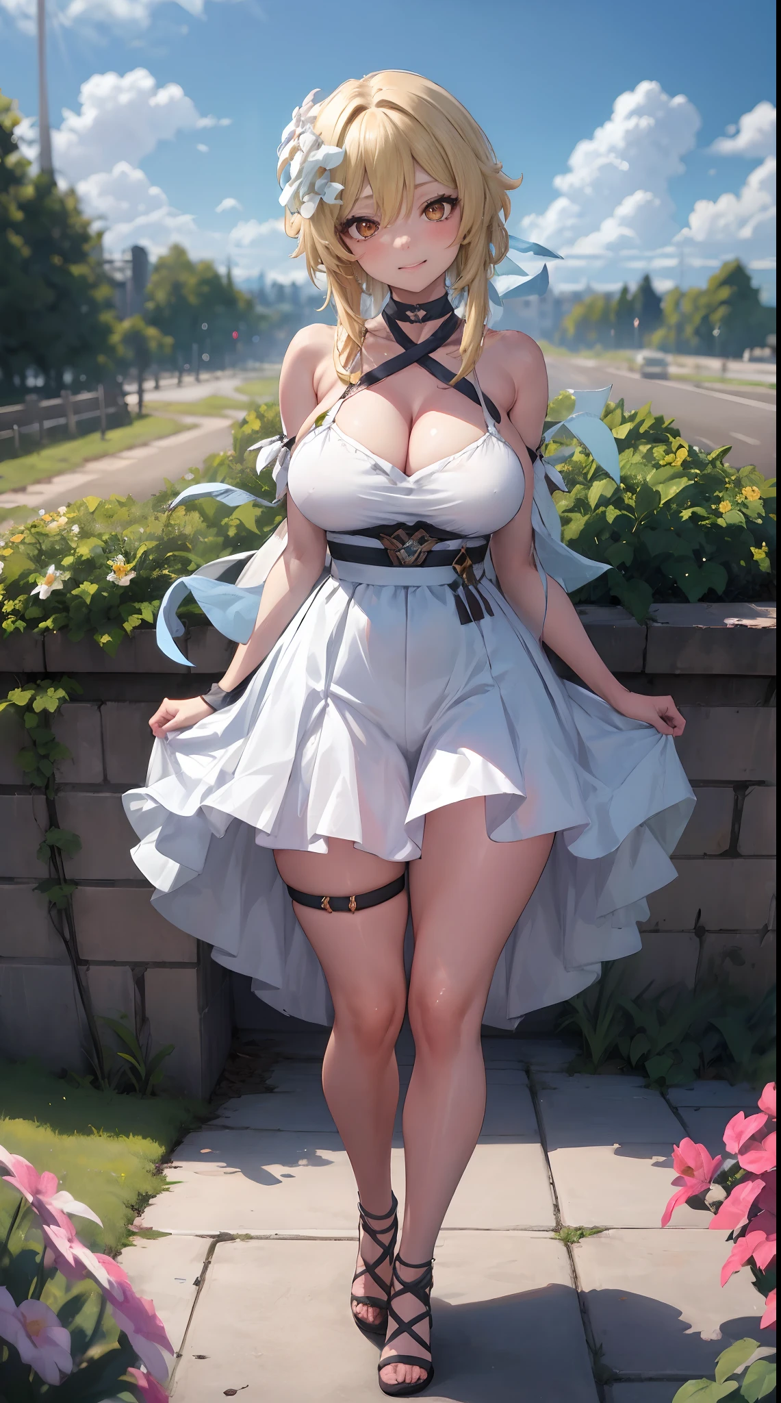 Lumine | genshin impact, master-piece, bestquality, 1girls,25 years old, proportional body, proportional., long-haired, Wear Hanbok, gigantic breasts, ,bara, choker, Standing in the middle of a flower garden, outdoor, The sky is beautiful, arm behind back, against wall, View viewers from the front., Thigh strap, Head tilt, bored, 10, 10, HD, slight smile,