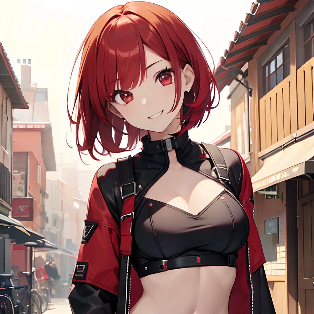 Young female, chubby body, Red hair with blonde underneath in a shoulder length bob, dual colored hair, blue eyes, beautiful, piercings, goblincore clothes