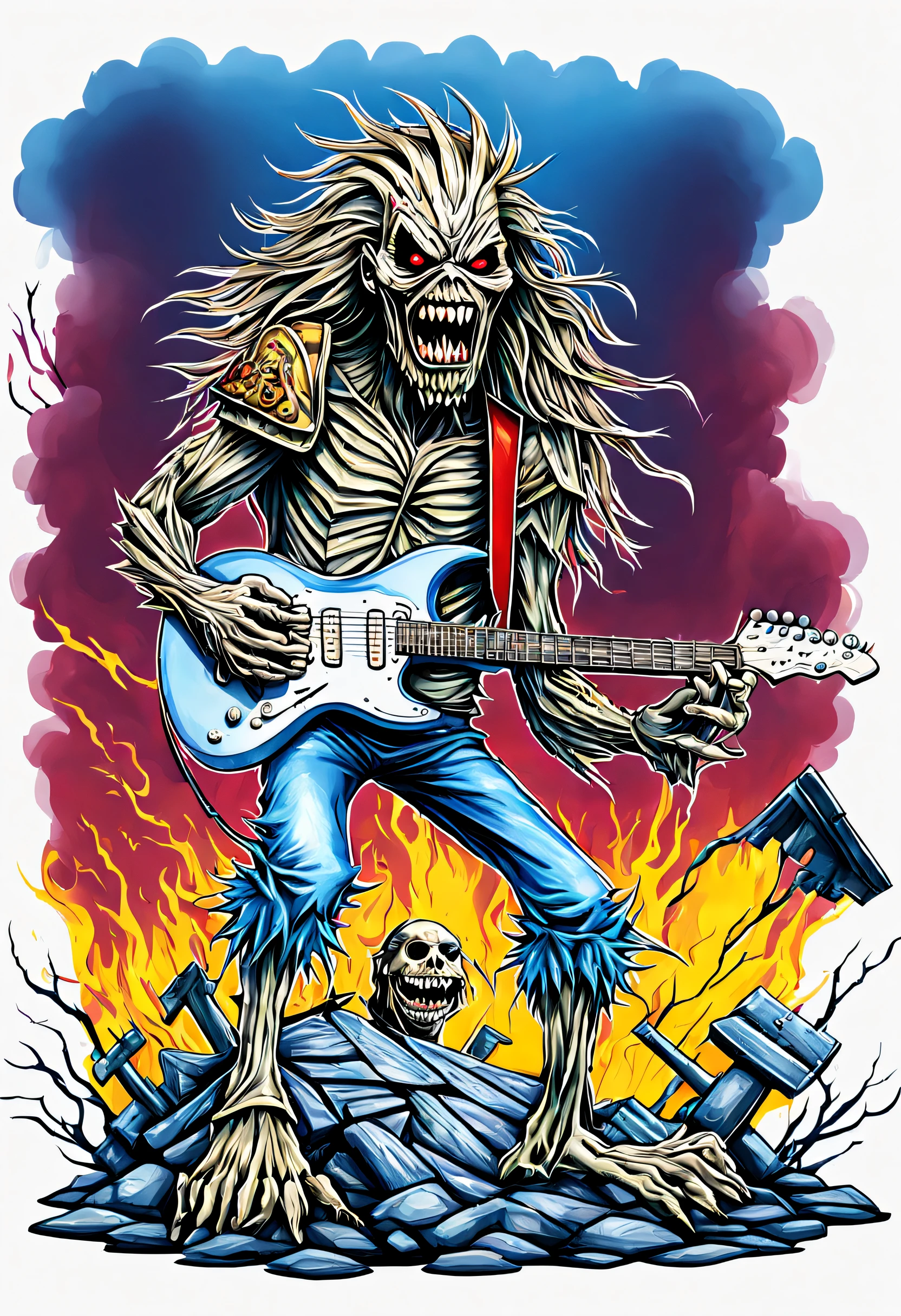 Eddy de corpo inteiro tocando guitarra, the iconic Iron Maiden mascot, posicionado com ousadia no centro da tela, gothic scenario, design para camiseta, illustration detailed, arte vetorial, Aquarela, fundo branco.