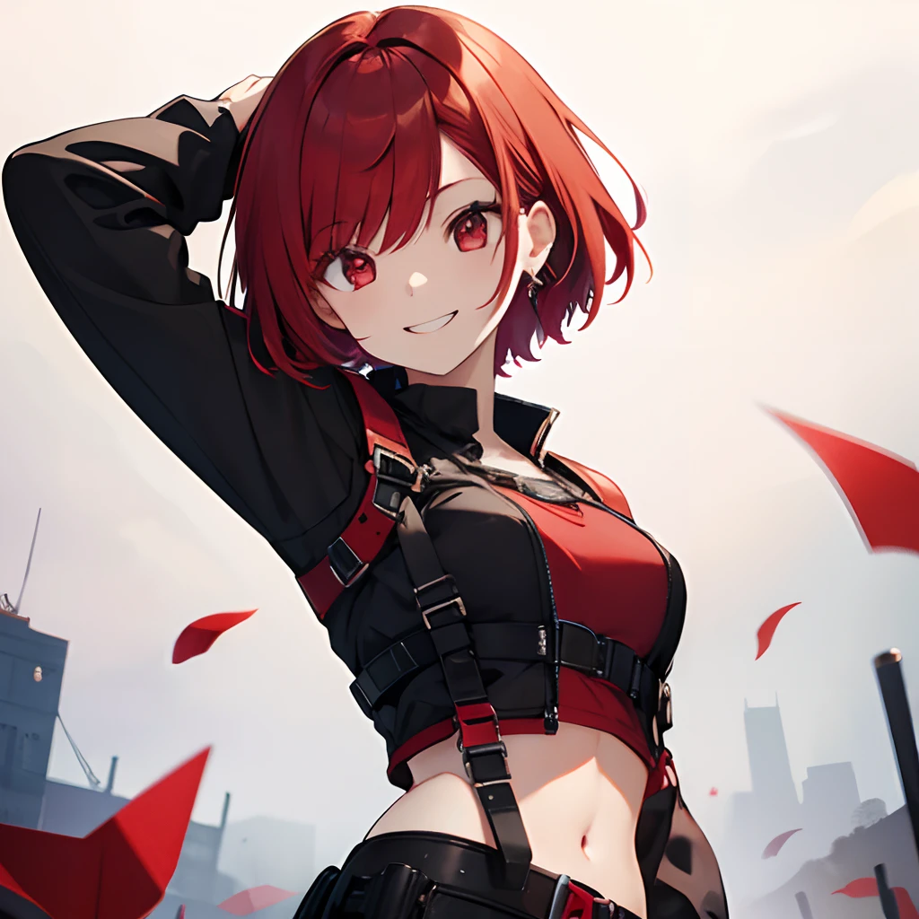 Girl with red medium bob hair、Red eyes、、One Woman、from the front side、Navel Ejection、Cheerful smile、Medium chest、top-quality