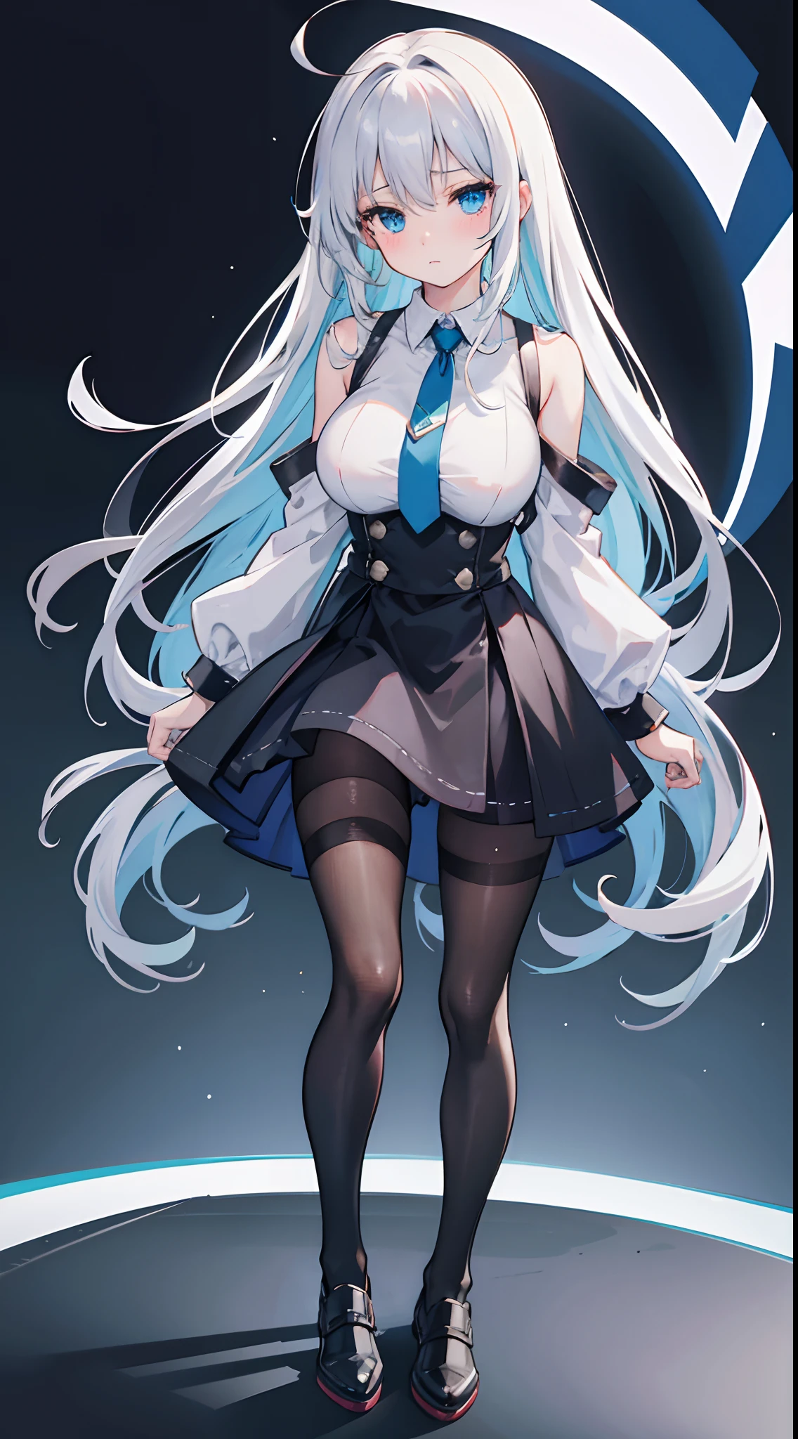 {An ultra-high picture quality},{Best Quality}, {ultra-detailliert}, {very detailed illustration}, {Top image quality},{{silber hair}}, Aimei, embarrassed from,Ahoge,Suspender Skirt,adult body,Moderately large breasts,long-sleeve,18-year-old body,Black tights,Full body like,standing up