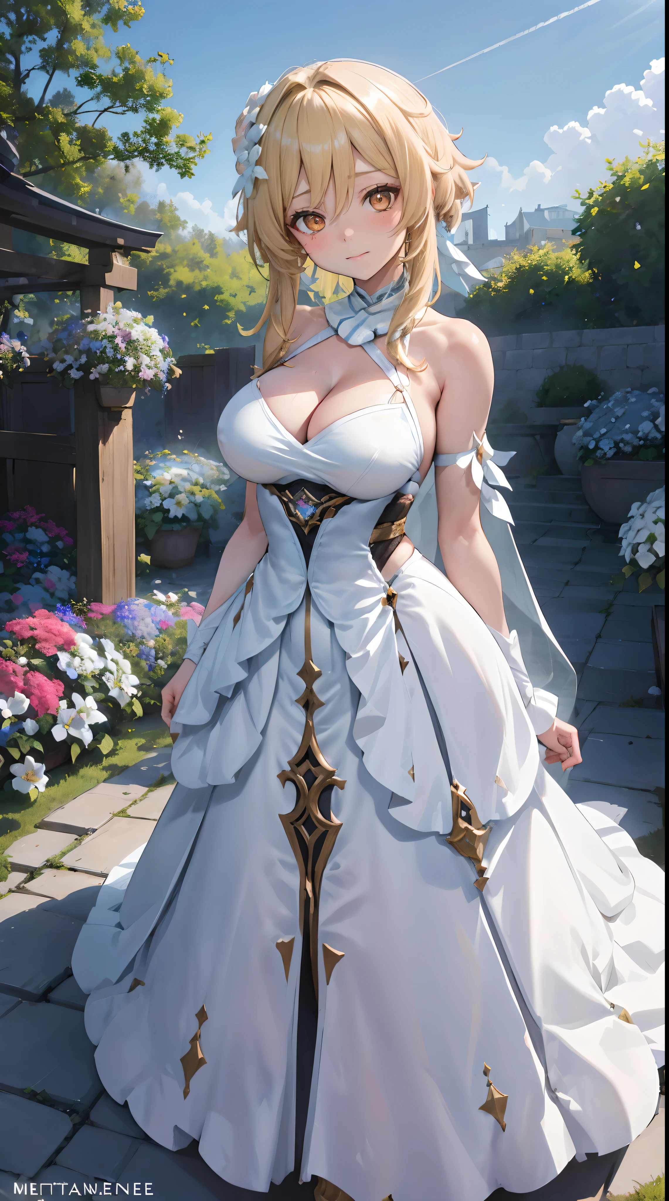 Lumine | genshin impact, master-piece, bestquality, 1girls,25 years old, proportional body, proportional., Wedding Dresses, White Wedding Dress, wedding, gigantic breasts, ,bara, choker, Standing in the middle of a flower garden, outdoor, The sky is beautiful, arm behind back, View viewers from the front., Thigh strap, Head tilt, bored, 10, 10, HD, slight smile,