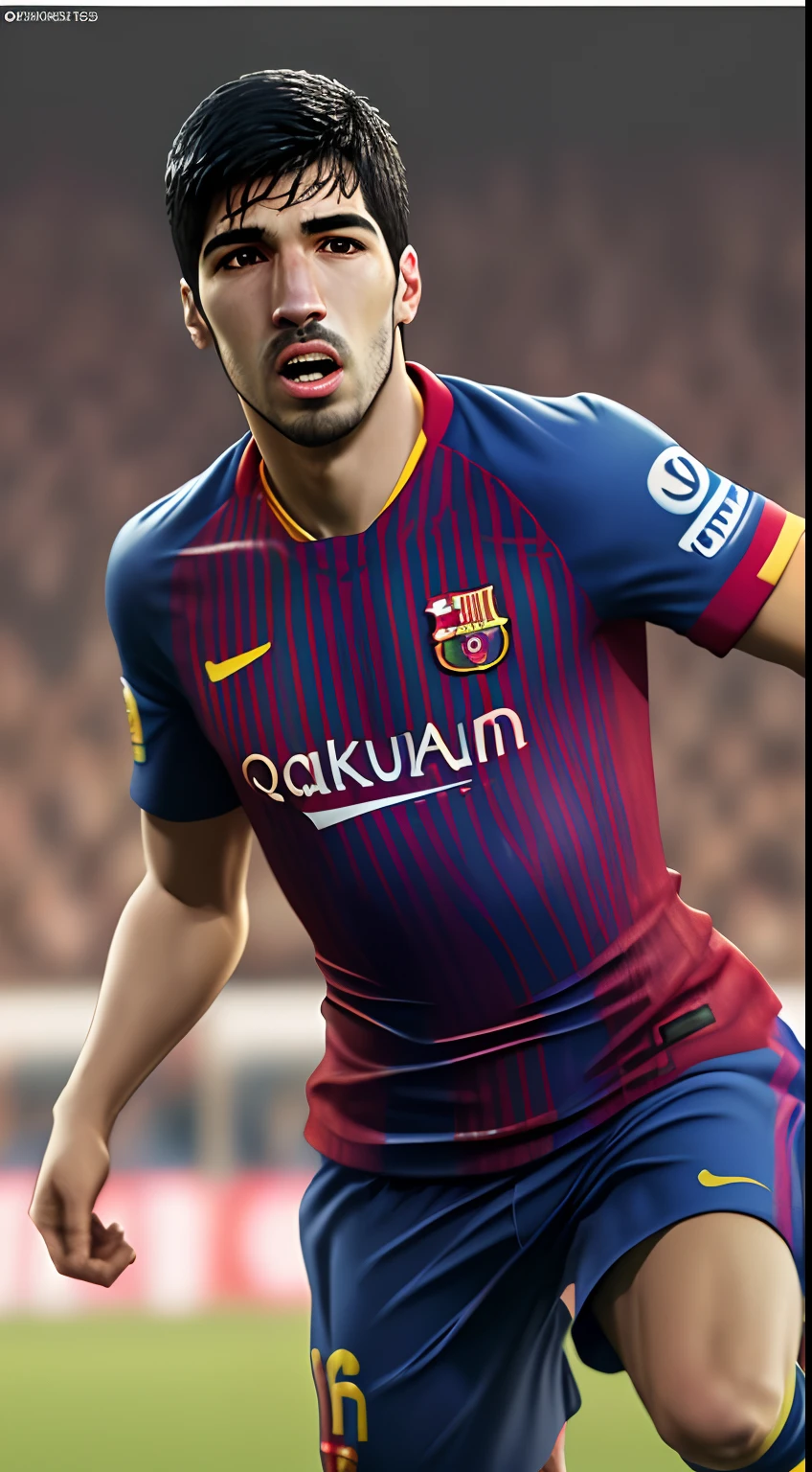 Luis Suarez, realistic face, 8k, ultra realistic, Barcelona jursey