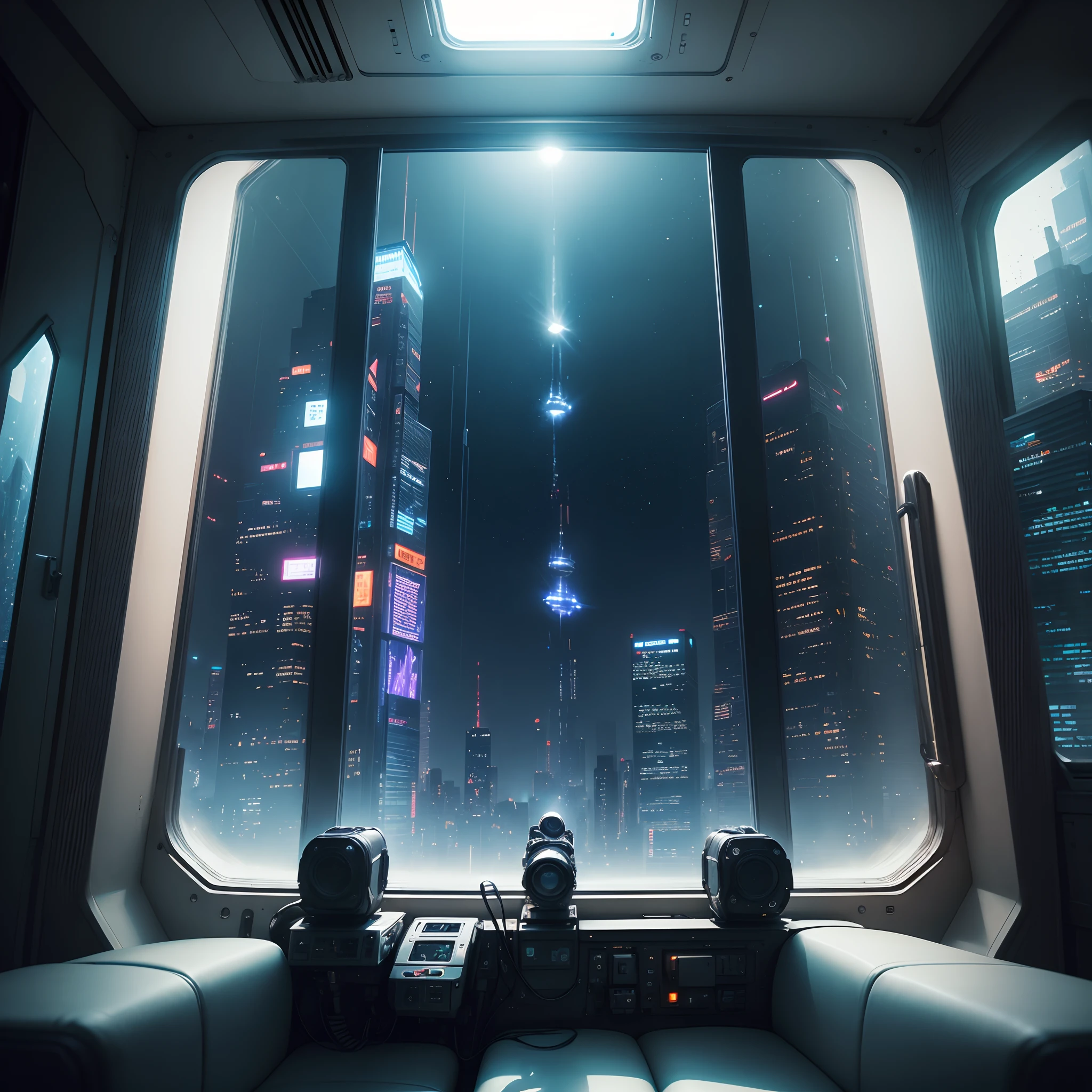(The spacecraft interior has windows looking out at background) cyberpunk city crowded , focus on galaxy,((Frontal view)), ((crowded city)) dark, eerie, 32k resolution, best quality (street view) by MSchiffer