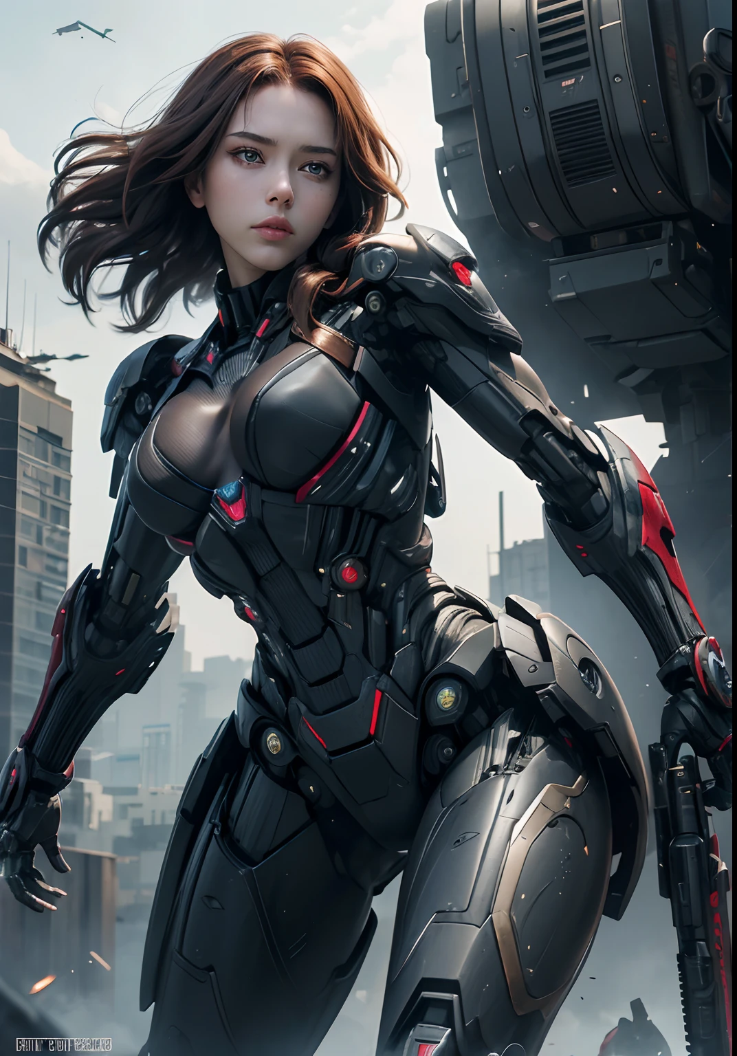 Textured skin, Super Detail, high details, High quality, Best Quality, hight resolution, 1080p, hard disk, Beautiful,(War Machine),(Black widow),beautiful cyborg woman,Mecha Cyborg Girl,Battle Mode,Girl with a Mecha Body,She wears a futuristic war machine weapon mech,Fulll body Shot