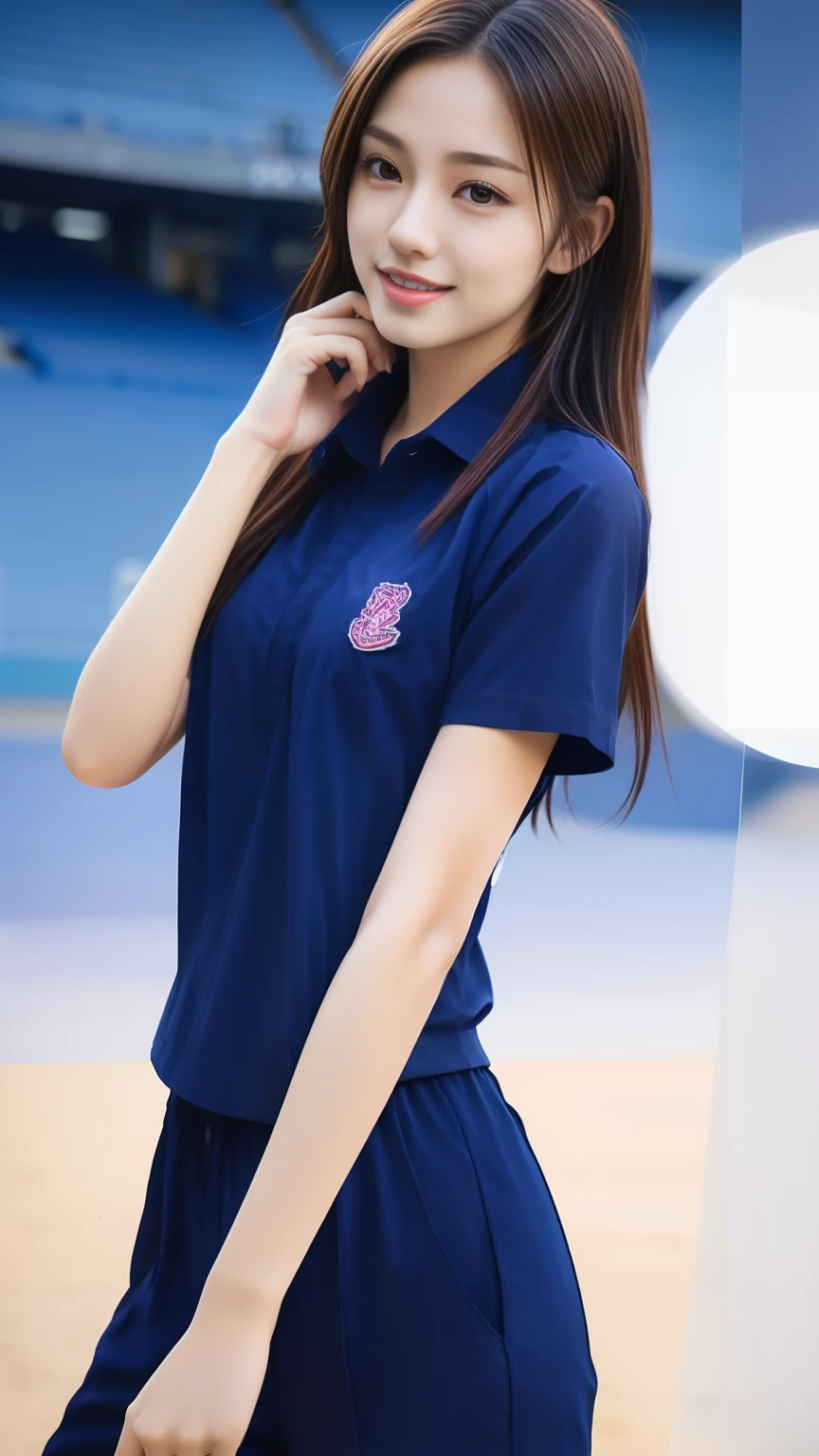 (bestquality,10,10,highres,masterpiece:1.2),ultra-detail,(Realistic,photorealistic portrait,photo-realistic:1.37),1 Cute girl in the football field,oily shiny skin,bara,light smile,BDclothes,((blue shirt:1.3)),short sleeves,Shirt, trousers.,(navy_long_Pants Track:1.1), ((Stadium Background:1.3)),dynamic angle,excited,face focus,Dynamic Poses,from behide,Ass Focus,masterpiece, bestquality, ultra realistic, hyper-detail, 8k resolution, RAW photo, crisp focus, ((Navy blue shirt:1.1)), short sleeves, Long Path, Perfect body, 2 mature women, 18yo, cinematic light,Blue sweatpants,Gymware,Correct anatomy,Complete body, Correct body, sharp face, Anatomically correct body, full entire body, Realistic gestures, long-haired, Realistic poses,Wear long shorts..,Long leg span,Shapely,Sculpting Girl, 2 girls kissing each other, Realistic kissing, mannequin mannequins, Shapely, Slim figure, Beautiful body