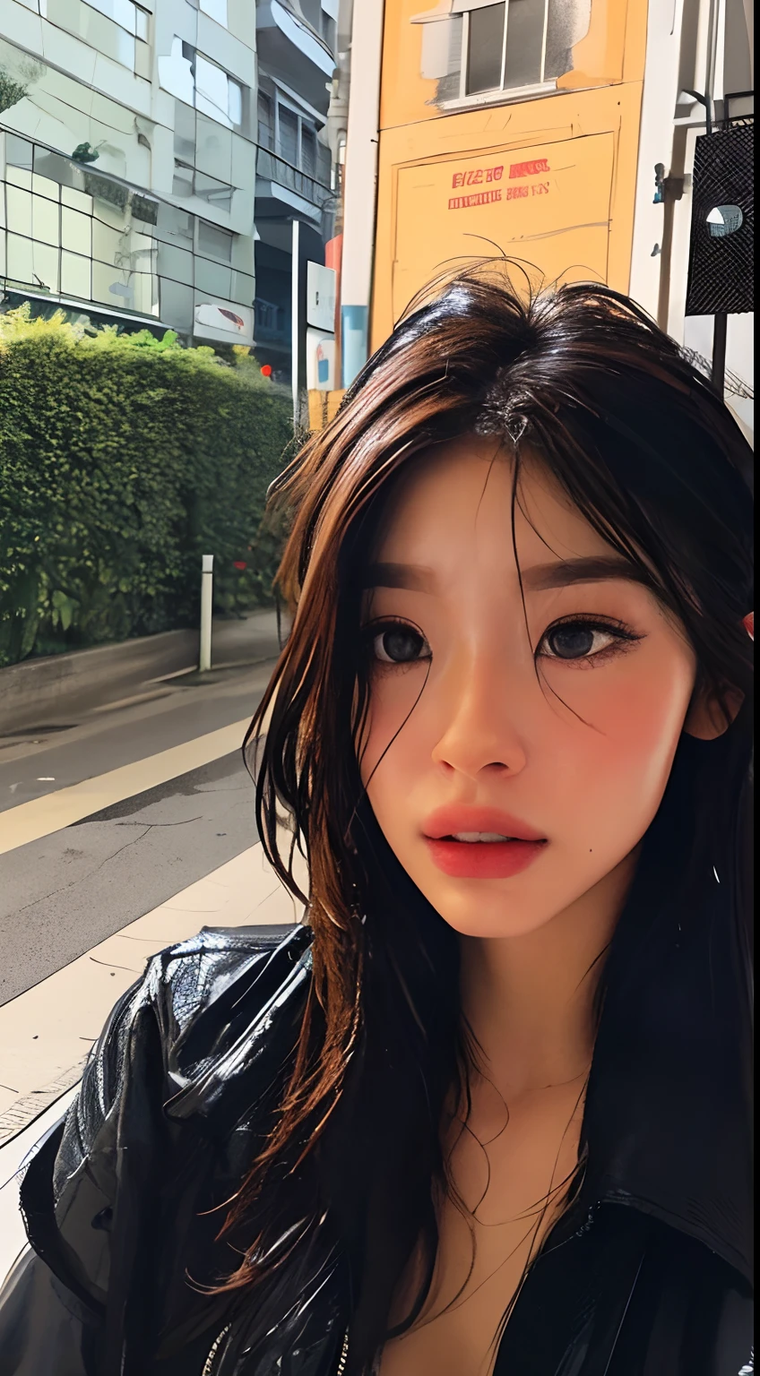 ((Best Quality, 8K, Masterpiece: 1.3)), Sharp: 1.2, Perfect Body Beauty: 1.4, Slim Abs: 1.2, ((Layered Hairstyle, Big Breasts: 1.2)), (Wet White Button Long Shirt: 1.1), (Rain, Street: 1.2), Wet: 1.5, Highly detailed face and skin texture, detailed eyes, double eyelids, side face looking at the camera