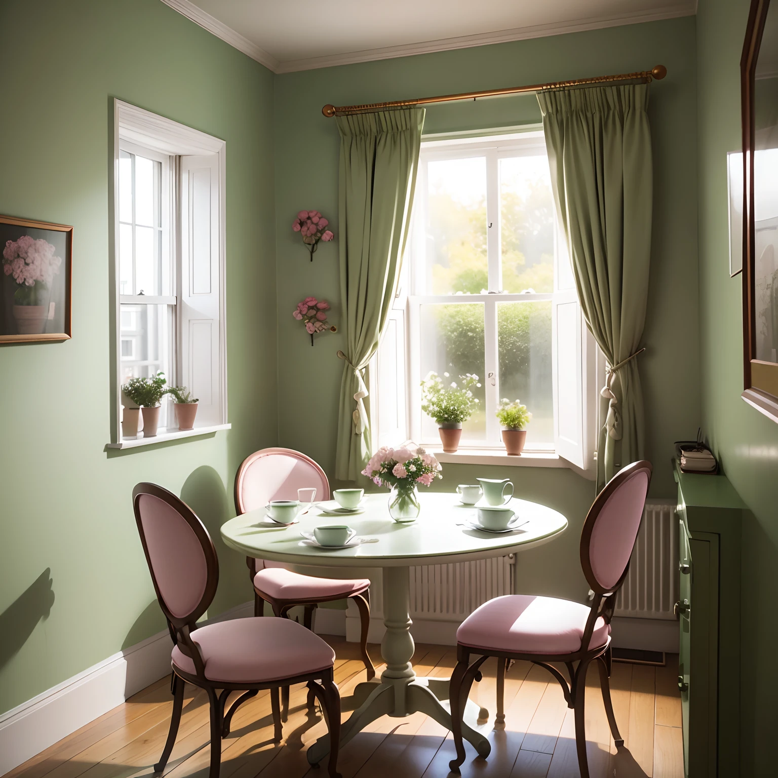Tearoom green plant pink wall paper Round chair Flowers seen from the window abajour