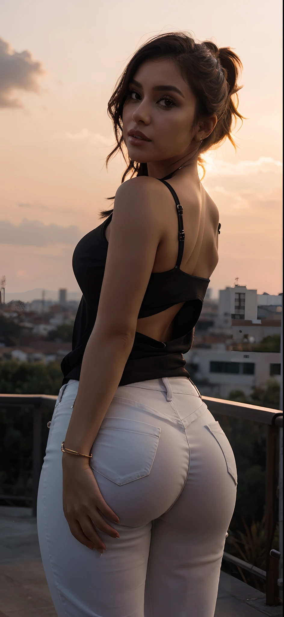 a close up of a woman in a black top and white pants, roupa apertada, jeans preto extremamente apertado, cintura magra e quadris grossos, curvy accentuated booty, great view, Derriere em forma, flawless structure, in the sunset, big booty, view of the back, low view, beleza de cair o queixo, retroiluminado, thick thieves