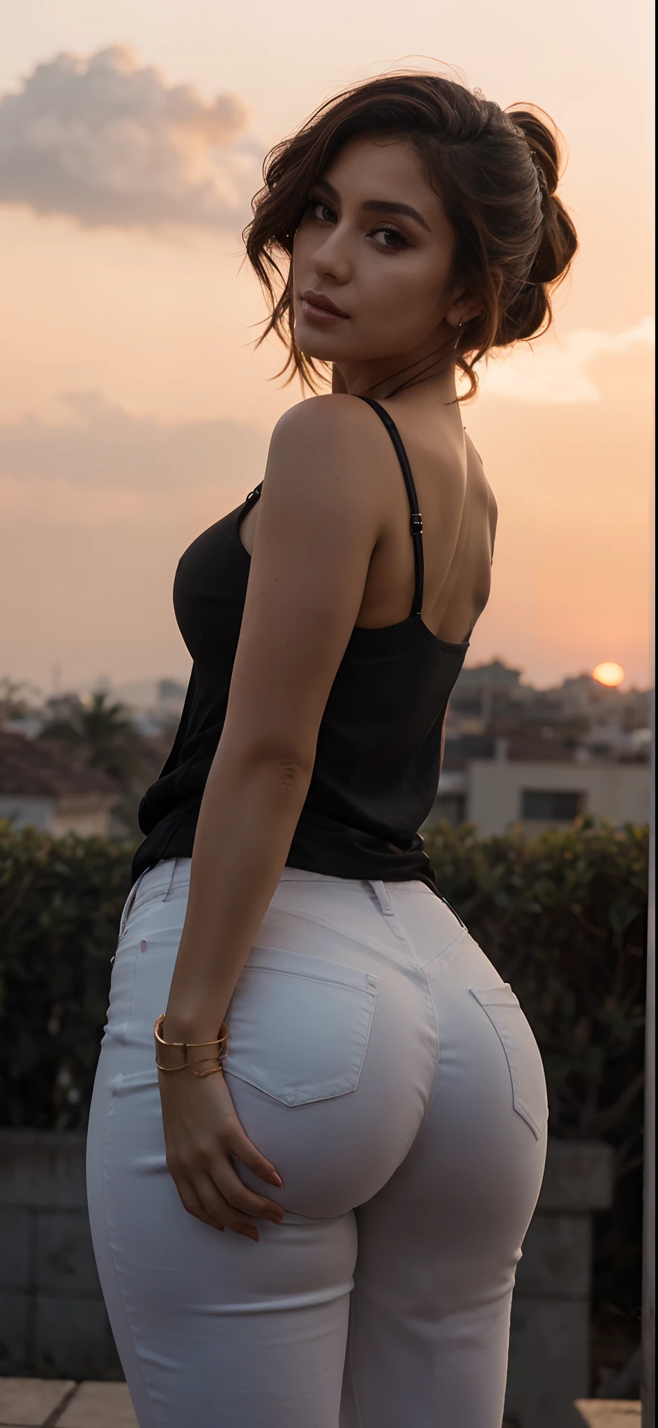 a close up of a woman in a black top and white pants, roupa apertada, jeans preto extremamente apertado, cintura magra e quadris grossos, curvy accentuated booty, great view, Derriere em forma, flawless structure, in the sunset, big booty, view of the back, low view, beleza de cair o queixo, retroiluminado, thick thieves