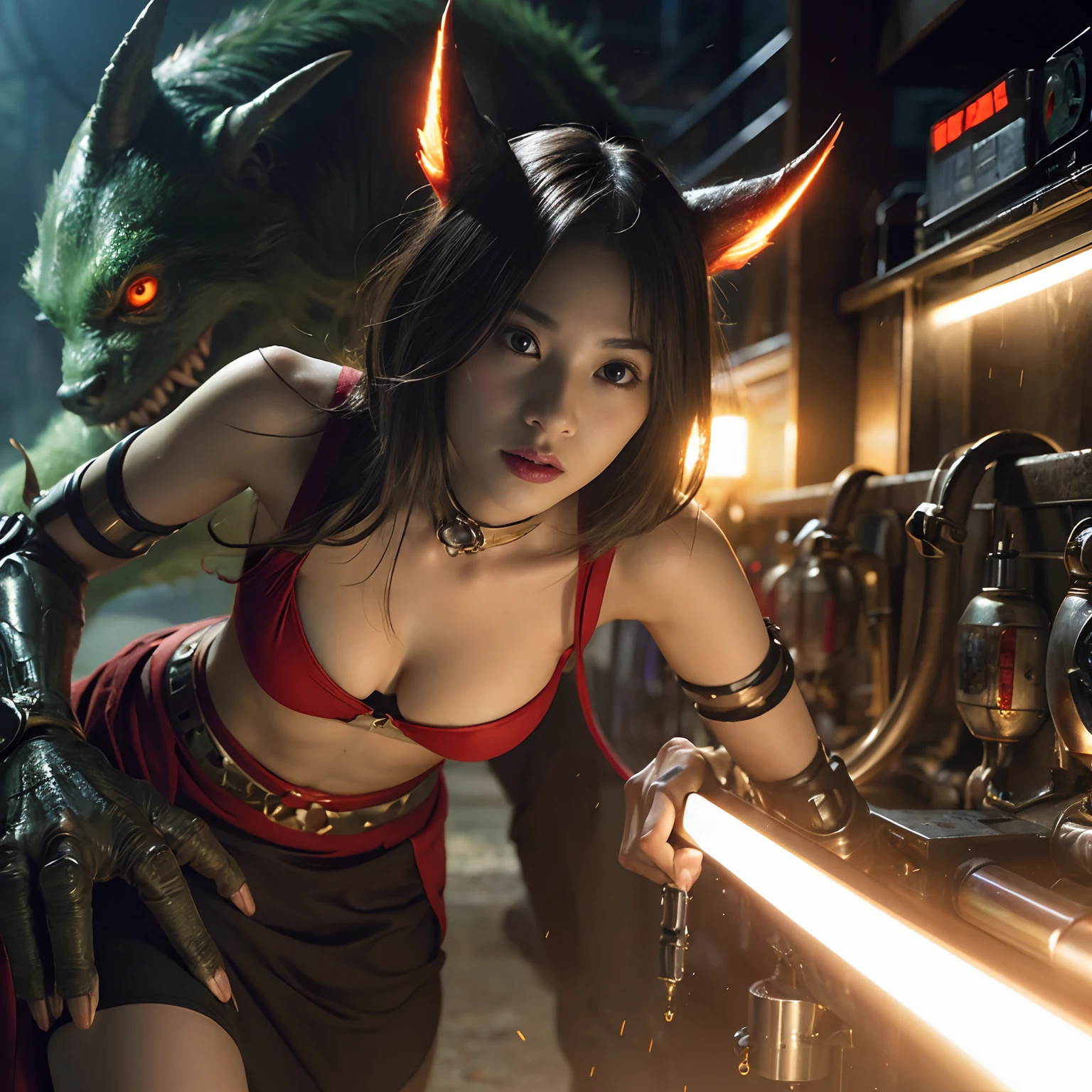 (1 Mechanical Girl)、top-quality、​masterpiece、超A high resolution、(Photorealsitic:1.4)、Raw photo、1人、Fight mutants、glowy skin、(((1 Mechanical Girl)))、With a beautiful knife、（Yellow Metal Bodysuit）、(Kobold、ogre、Fiettle with orcs),（Fight fiercely t aliens）、Fight fiercely、(beautorest background)、(Fighting Demonic Beasts)、(Small LED)、((super realistic details))、portlate、(Strong giant demon beast background),globalillumination、Shadow、octan render、8K、ultrasharp、Colossal tits、Raw skin is expoin cleavage、metals、Details ox ornaments、Japan details、highly intricate detail、Realistic light、(Mystical expression),CGSoation Trends、Red Eyes、radiant eyes、Facing the camera、neon details、(Mechanical limbs)、(blood vessels connected to tubes)、Mechanical vertebrae attached to the back、mechanical cervical attaching to neck、(Wires and cables connecting to the head)、Gundam、Small LED、,Mechanical thighs、Toostock、（Hands are also made of machines）、（Attack of the Monster Beasts）、（Wounded in a deadly battle）、