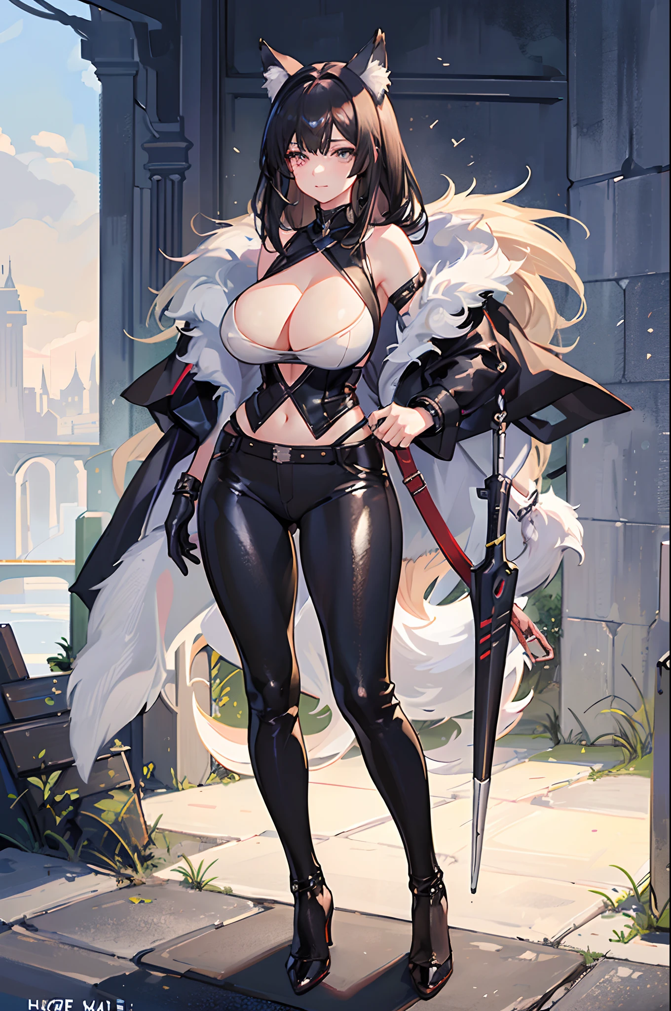 (Masterpiece, best quality, beautiful eyes, highly detailed, high res), 1girl, wolf ears, wolf tail, adventurer, leather armor, tight pants, tight clothes, sexy, massive breasts, massive cleavage, tall, stilettos, shiny clothes, black hair,