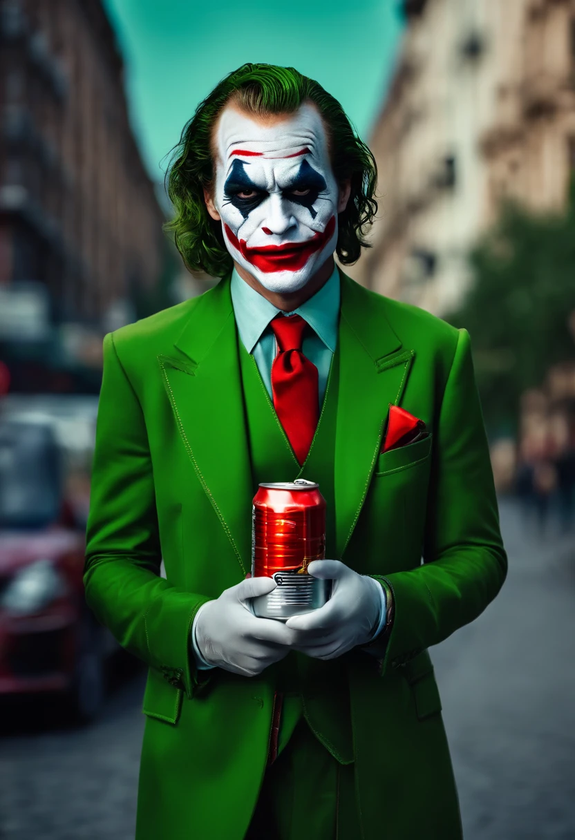 Na imagem, The Joker is sitting on a park bench, Dressed in your classic attire: um terno roxo, a green tie and a white makeup with red lips. He's holding a can of Red Bull in his left hand and is looking at the camera with a smirk.
O Coringa tem o cabelo verde e os olhos vermelhos. Ele tem uma cicatriz no rosto e um sorriso torto. He's holding the can of Red Bull at chest height.
The background of the image is an urban street. There are cars and people passing in the background.