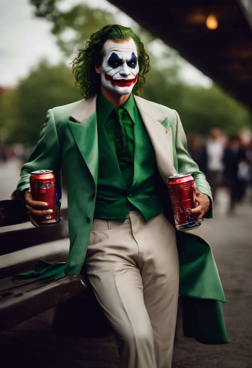 Na imagem, The Joker is sitting on a park bench, Dressed in your classic attire: um terno roxo, a green tie and a white makeup with red lips. He's holding a can of Red Bull in his left hand and is looking at the camera with a smirk.
O Coringa tem o cabelo verde e os olhos vermelhos. Ele tem uma cicatriz no rosto e um sorriso torto. He's holding the can of Red Bull at chest height.
The background of the image is an urban street. There are cars and people passing in the background.