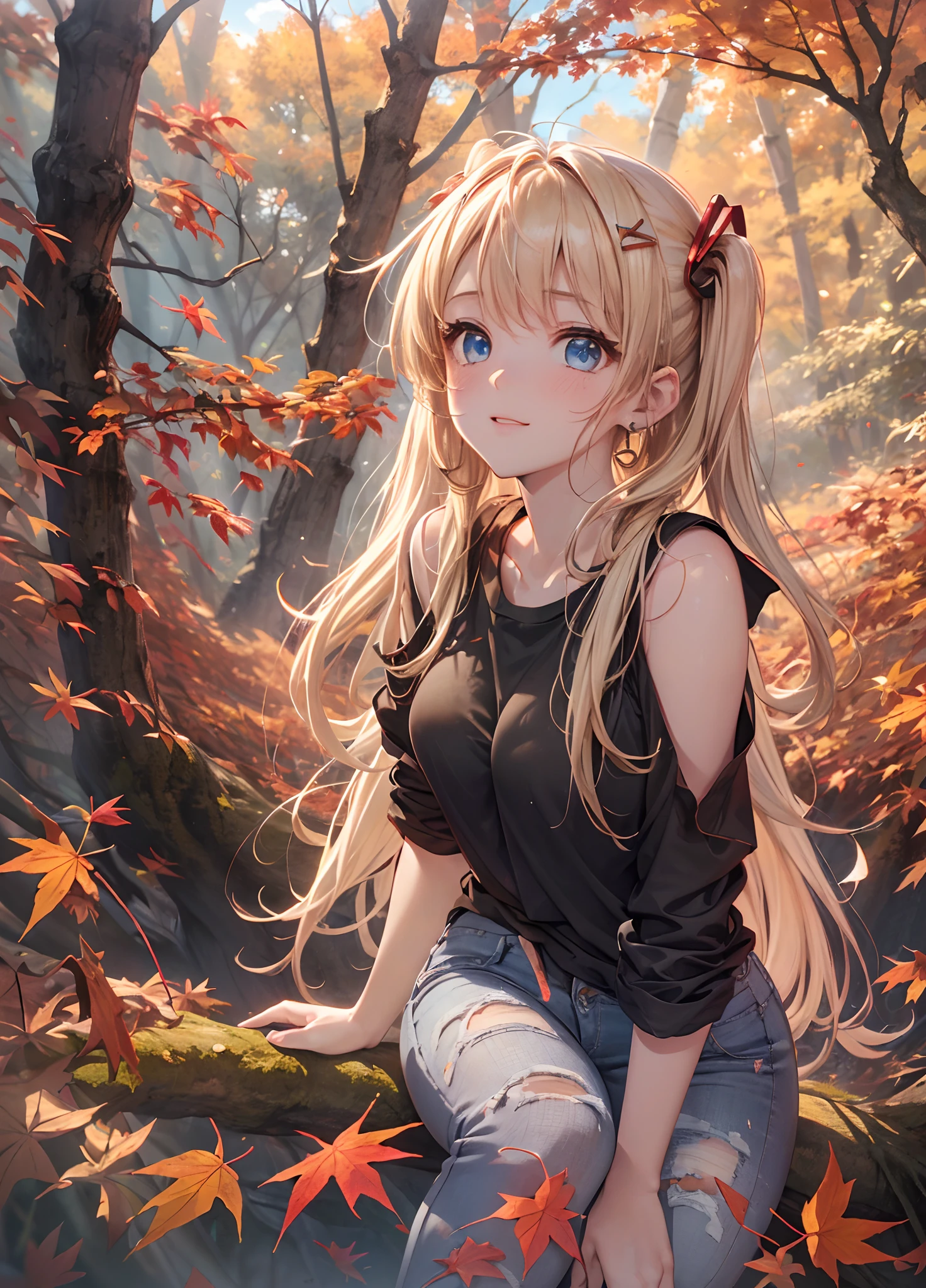 absurderes, ultra-detailliert,bright colour, (1girl in:1.4),(A very beautiful forest of autumn leaves:1.5),extremely beautiful detailed anime face and eyes,(happy smail:1.4),asymmetrical bangs, (Blonde hair with short twin tails:1.3), Shiny hair, (Looking Up:1.5),(From Side:1.5),Blue_skyporn, built, cliff, ​​clouds, cloudy_skyporn, tag, the woods, Grassy,jungles, lake, lens_f lare, mont, naturey, plein air, Tree Road, landscapes, Skysky, suns, Sun'rays, sunlights,The tree, tree_Shade, Eau, (Tight jeans:1.3), (a black T-shirt:1.4), (Sit back and look up at the sky:1.6),(Deep Blue Eyes:1.3),depth of fields, Delicate beautiful face, red blush、White skin, hair clips, earrings,