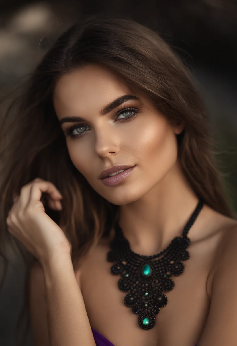 Femme Arafed avec un bikini noir et un collier sur la plage, fille sexy aux yeux verts, Portrait Sophie Mudd, cheveux bruns et grands yeux, Photo of a young woman, Yeux de chambre, Violet Myers, sans maquillage, maquillage naturel, looking straight at camera, Visage avec Artgram, Maquillage subtil, piercing green eyes