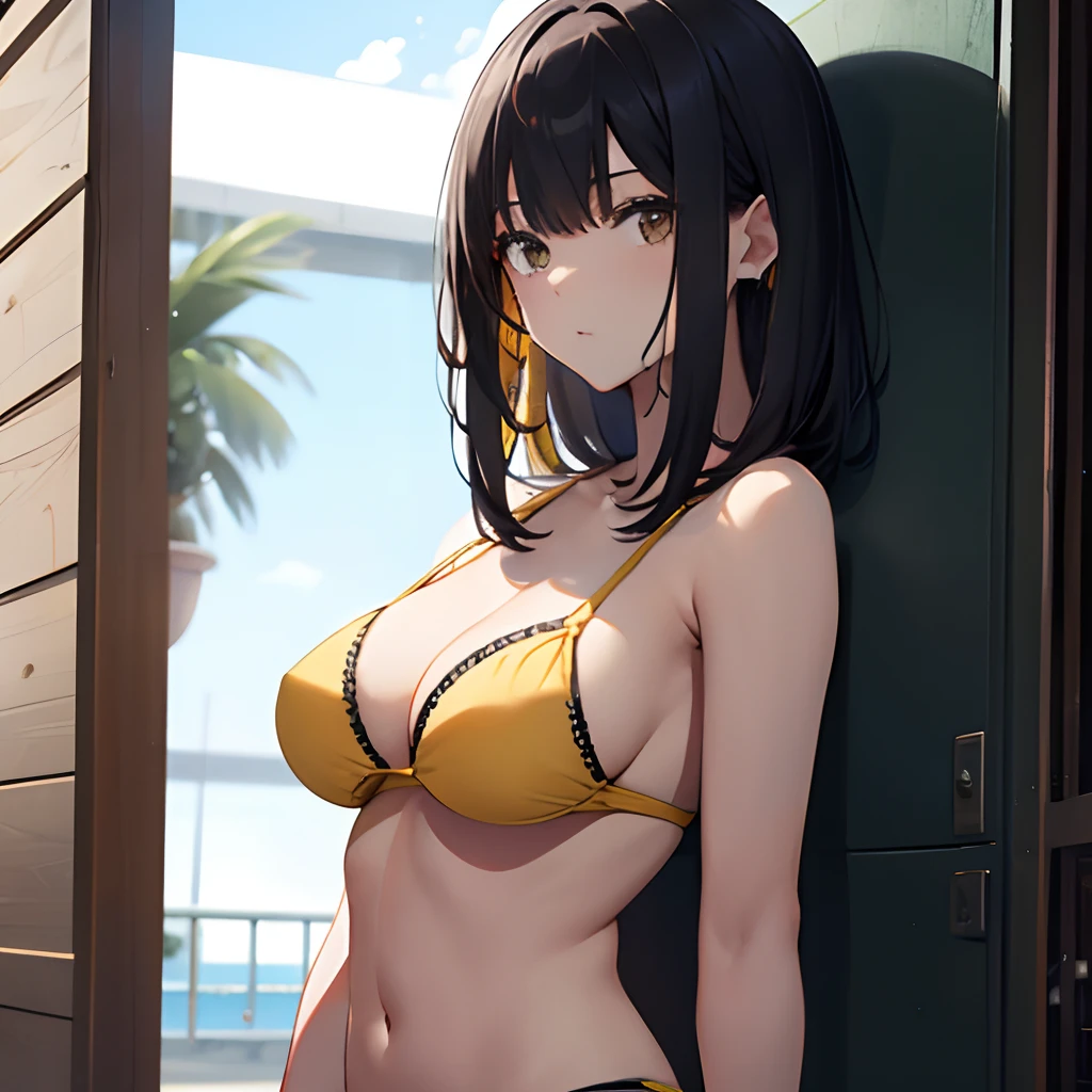 Woman standing shirtless、One Woman、hiding breast、cabelos preto e longos、Yellow mesh、Yellow Bikini、top-quality、
