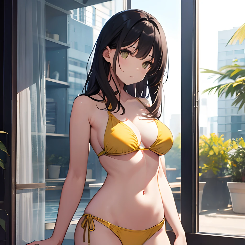 Woman standing shirtless、One Woman、hiding breast、cabelos preto e longos、Yellow mesh、Yellow Bikini、top-quality、