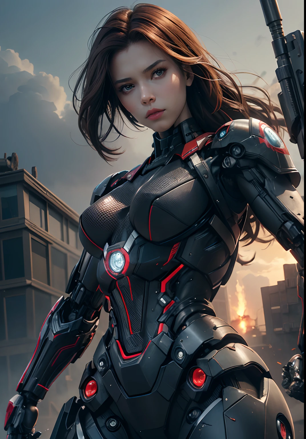 Textured skin, Super Detail, high details, High quality, Best Quality, hight resolution, 1080p, hard disk, Beautiful,(War Machine),(Black widow),beautiful cyborg woman,Mecha Cyborg Girl,Battle Mode,Girl with a Mecha Body,She wears a futuristic war machine weapon mech,Fulll body Shot