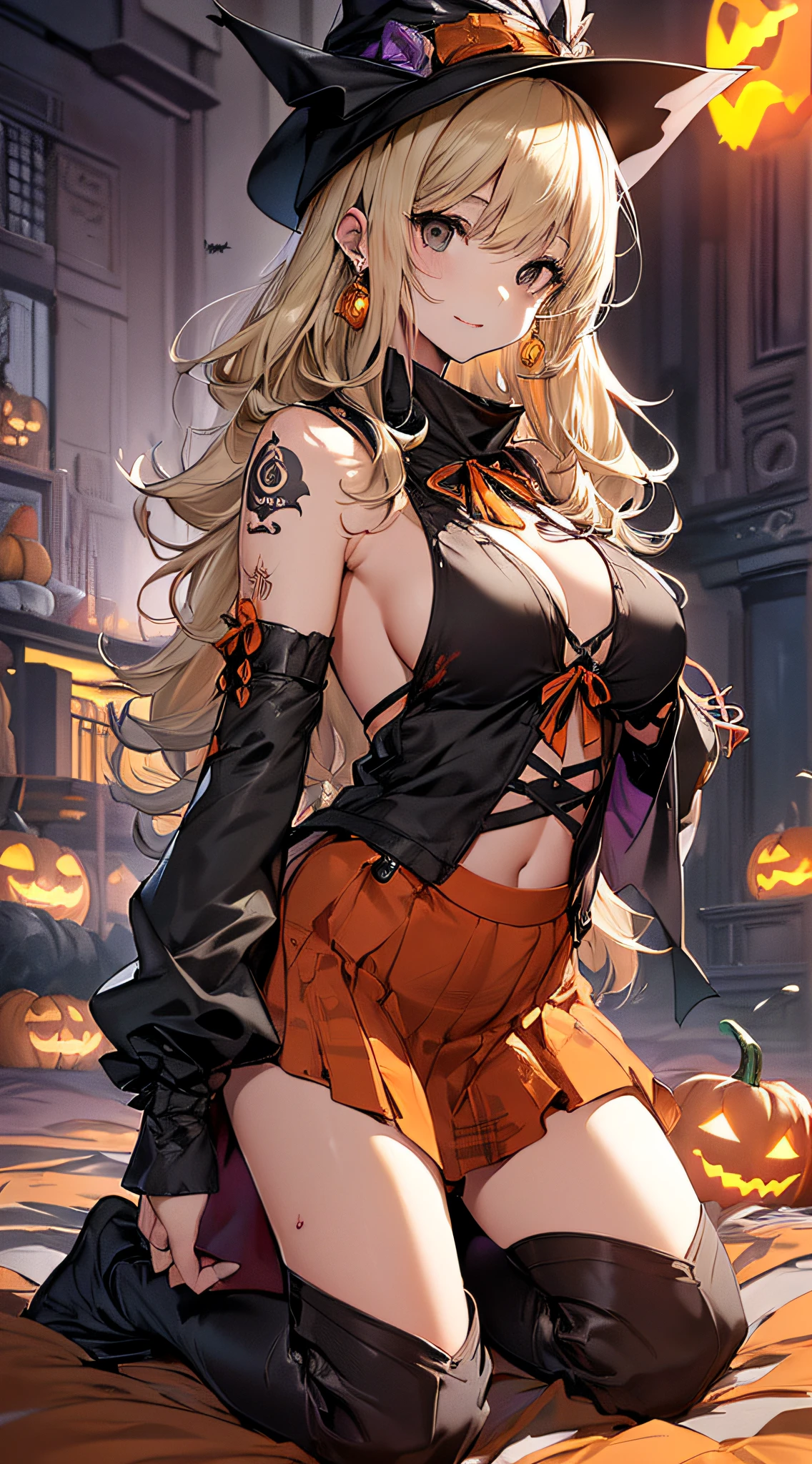 top-quality、Top image quality、​masterpiece、teens girl((18year old,Black Wizard Hat、Black and orange sexy clothes,Orange and black skirt、Orange muffler,Best Bust、Bust 85、Blonde long hair,Black eyes、open chest wide、Valley、Happiness、A slender、Blood coating、Emphasis on the chest、Bats tattoo、Gold Earrings、Kneeling on the bed、?????????? figure)）hiquality、Beautiful Art、Background with((natta、the bats、pumpkins,Halloween、Nice and clean room.、a bed))masutepiece、Elaborate design、visualart、high contract、The best lighting、highestdetailed、low angles