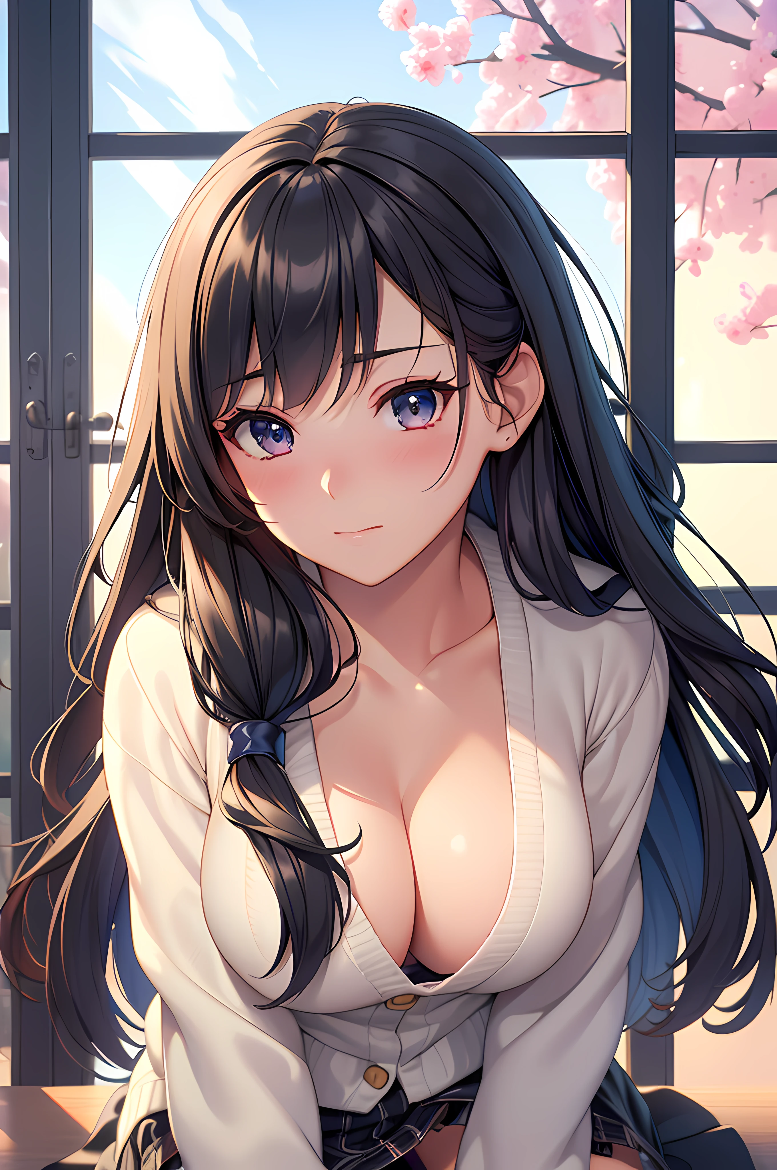 ((masterpiece, best quality, highres, UHD, perfect pixel, depth of field, 4k, RTX, HDR)), 1girl, single, solo, beautiful anime girl, official art, beautiful artstyle, anime character, ((long hair, parted bangs, black hair)), (rounded eyes, beautiful eyelashes, realistic eyes), (detailed face, blushing:1.2), (smooth texture:0.75, realistic texture:0.65, photorealistic:1.1, anime CG style), medium breasts, cleavage:0.9, pov, looking to viewer, perfect body, (pov, close up), (white sweater, cardigan), ((black skirt:1.5, plaid skirt stocking, panties)), embrassed, indoor, bedroom, room window